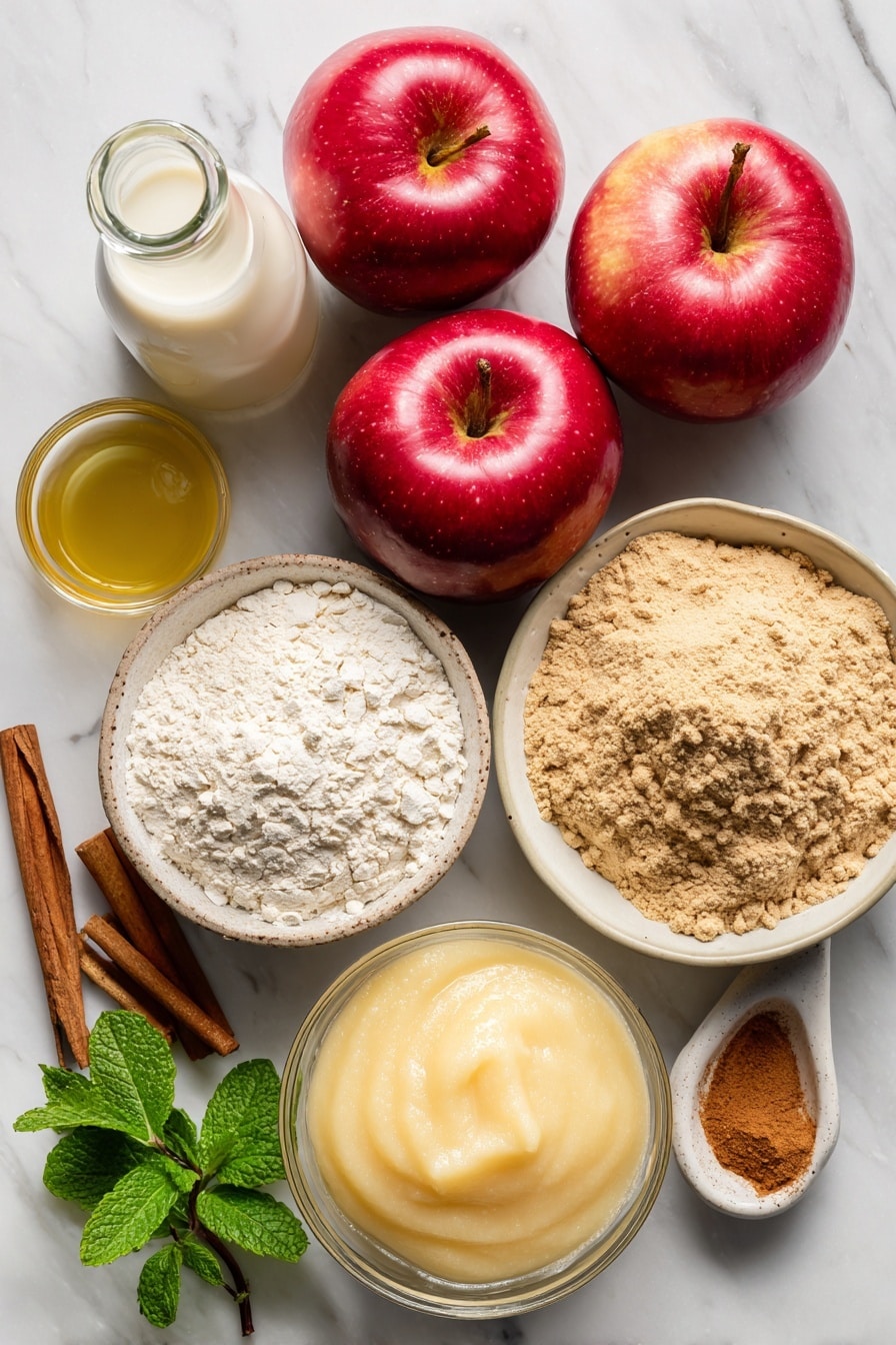 Vegan Apple Cider Donuts, fall vegan donut recipes, baked apple cider donuts, easy vegan fall treats, gluten-free vegan donuts - Flat lay of fresh red apples with smooth, shiny skin, a small bowl of golden apple cider, a jar of light brown ground cinnamon powder with a soft texture, a mound of whole wheat pastry flour in fine, powdery heaps, creamy off-white soy milk in a glass bottle, a scoop of golden yellow vegan butter with a slightly glossy surface, and a bowl of smooth, pale applesauce with a soft, thick texture, beautifully arranged with a few cinnamon sticks and a sprig of fresh green mint for color contrast, placed on white marbled surface, photo taken with an iphone --ar 2:3 --v 7