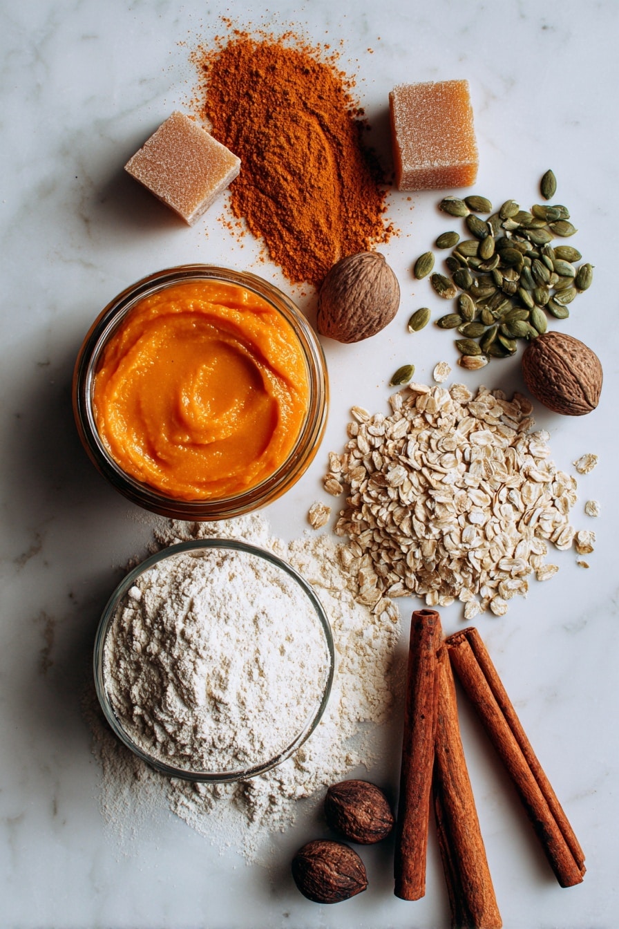 Vegan Pumpkin Bread, pumpkin bread without eggs, cozy fall pumpkin loaf, healthy vegan baking, autumn spice bread - Flat lay of bright orange canned pumpkin puree in a glass jar, warm brown sugar crystals in a small heap, glossy green pepitas scattered artistically, light beige ground flaxseeds forming a small mound, a smooth carton of creamy soy milk with a gentle shine, cinnamon sticks with their rich reddish-brown bark, nutmeg seeds showing their rough textured surface, and raw all-purpose flour softly dusted in a pile, all arranged naturally with some ingredients overlapping slightly, placed on white marbled surface, photo taken with an iphone --ar 2:3 --v 7