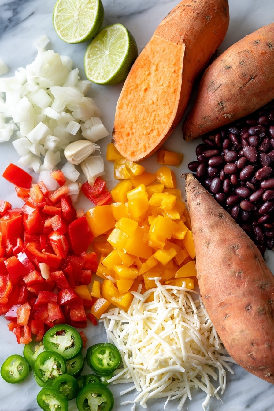 Loaded Sweet Potato Skins, sweet potato skins appetizers, cheesy sweet potato skins, smoky loaded sweet potato, healthy stuffed sweet potatoes - Flat lay of three vibrant orange sweet potatoes with textured skins, a small pile of finely chopped white onions, two cloves of peeled garlic showing their smooth, creamy surface, bright red diced tomatoes with juicy flesh, colorful mixed bell pepper pieces in red, yellow, and green, a heap of shiny black beans with a glossy finish, scattered shreds of creamy white vegan mozzarella cheese, a halved lime showing its fresh green interior, and small bright green jalapeño slices with seeds visible, all naturally arranged with slight overlaps and shadows, placed on white marbled surface, photo taken with an iphone --ar 2:3 --v 7