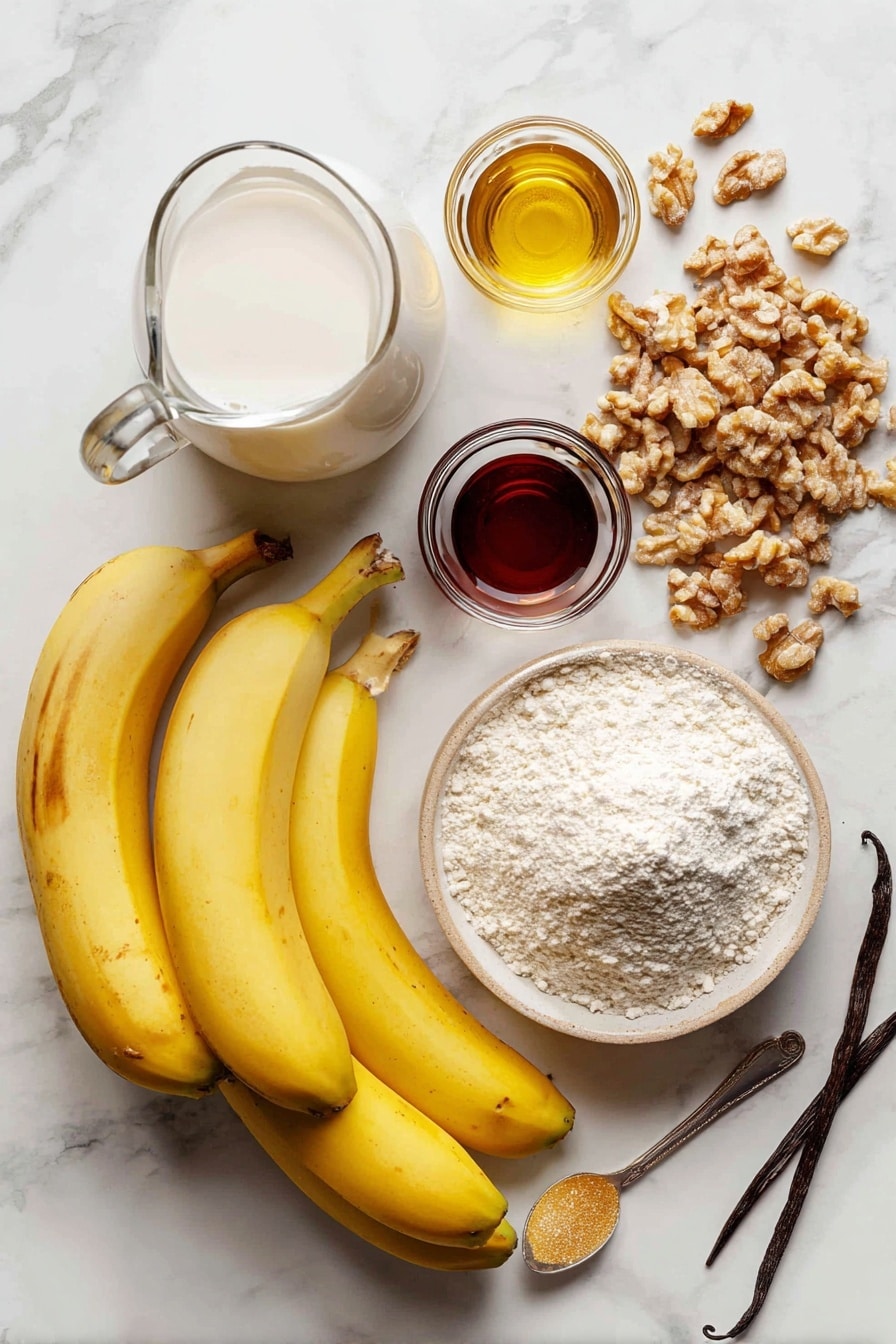 Quick & Easy Vegan Banana Muffins, vegan banana muffin recipe, healthy banana muffins, simple vegan muffin recipe, gluten-free banana muffins - Flat lay of ripe yellow bananas with smooth peels, a small pile of golden brown chopped walnuts showing their rough texture, a glass jug of creamy white non-dairy milk, a small heap of white all-purpose flour dusted softly, a mound of light brown granulated sugar with sparkling crystals, a dark amber bottle of vanilla extract catching the light, and a spoonful of golden canola oil glistening slightly, all naturally arranged with a touch of green from fresh vanilla beans or cinnamon sticks for contrast, placed on white marbled surface, photo taken with an iphone --ar 2:3 --v 7