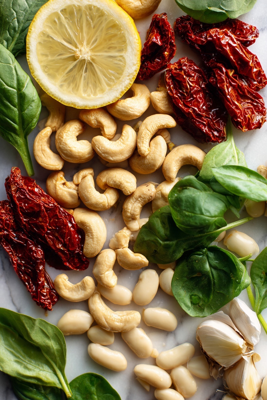 Creamy Sun-Dried Tomato Butter Beans with Basil and Spinach, vegetarian creamy bean dish with sun-dried tomatoes, healthy butter beans recipe with basil, quick vegetarian dinner, easy plant-based meal - Flat lay of raw cashews with their smooth, creamy texture nestled beside bright red sun dried tomatoes with a wrinkled, glossy surface, fresh deep green basil leaves with delicate veins, whole garlic cloves showing their papery white skin, vibrant baby spinach leaves with a soft, leafy texture, pale ivory butter beans with a plump and matte finish, and a fresh lemon sliced to reveal its juicy, bright yellow interior, arranged naturally with some overlapping and others spaced evenly, placed on white marbled surface, photo taken with an iphone --ar 2:3 --v 7