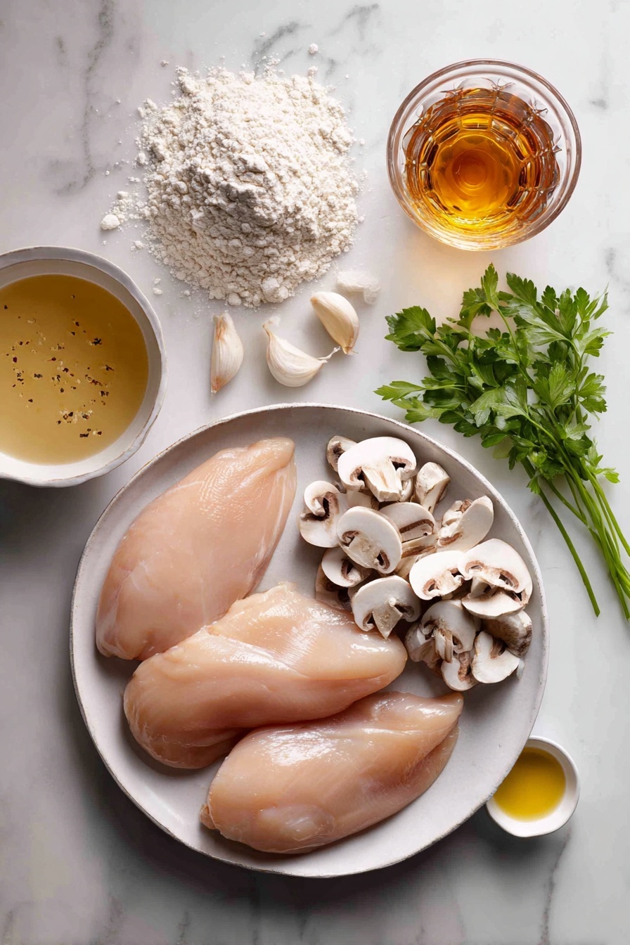 Classic Chicken Marsala, Chicken Marsala recipe, easy Chicken Marsala, flavorful chicken dishes, quick Italian chicken - Flat lay of four thin boneless skinless chicken breasts, a small mound of all-purpose flour on a shallow white plate, a few cloves of garlic peeled and minced, a handful of sliced white and cremini mushrooms, a small bunch of fresh parsley with some leaves minced, a glass partially filled with amber Marsala wine, a small bowl of light chicken broth, two teaspoons of golden olive oil in a tiny dish, placed on a white marble surface, photo taken with an iphone --ar 2:3 --v 7