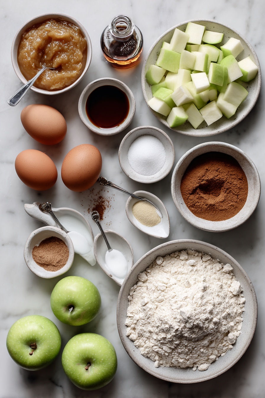 Moist Cinnamon Apple Bread, apple cinnamon loaf, fall breakfast bread, moist apple bread recipe, cinnamon apple cake - Flat lay of a small bowl of unsweetened applesauce, three large brown eggs, a small glass bottle of vanilla extract, a small bowl of white granulated sugar, a small bowl of brown sugar, a medium pile of all-purpose flour, a few teaspoons of baking soda and salt in small ceramic spoons, two teaspoons of ground cinnamon scattered lightly, and a generous pile of diced green Granny Smith apples with some peeled apple halves placed nearby, arranged artfully on a white marble surface, photo taken with an iphone --ar 2:3 --v 7