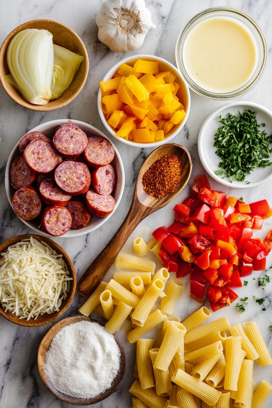 One Pot Creamy Cajun Sausage Pasta, Cajun sausage pasta, creamy Cajun pasta recipe, easy Cajun sausage dinner, one pot pasta recipes - Flat lay of a small dish of golden olive oil, one medium yellow onion and one medium red bell pepper both diced with vibrant colors, a pile of sliced andouille sausage rounds about a dozen pieces, a small heap of minced garlic, a wooden spoonful of reddish Cajun seasoning, a scattering of uncooked rigatoni pasta, two cans of bright diced tomatoes opened with some tomatoes spilling out, a clear cup of creamy heavy cream, a small mound of shredded Parmesan cheese, a few tablespoons of chopped fresh parsley, and a small bowl of white cornstarch powder, all placed on a white marble surface, photo taken with an iphone --ar 2:3 --v 7