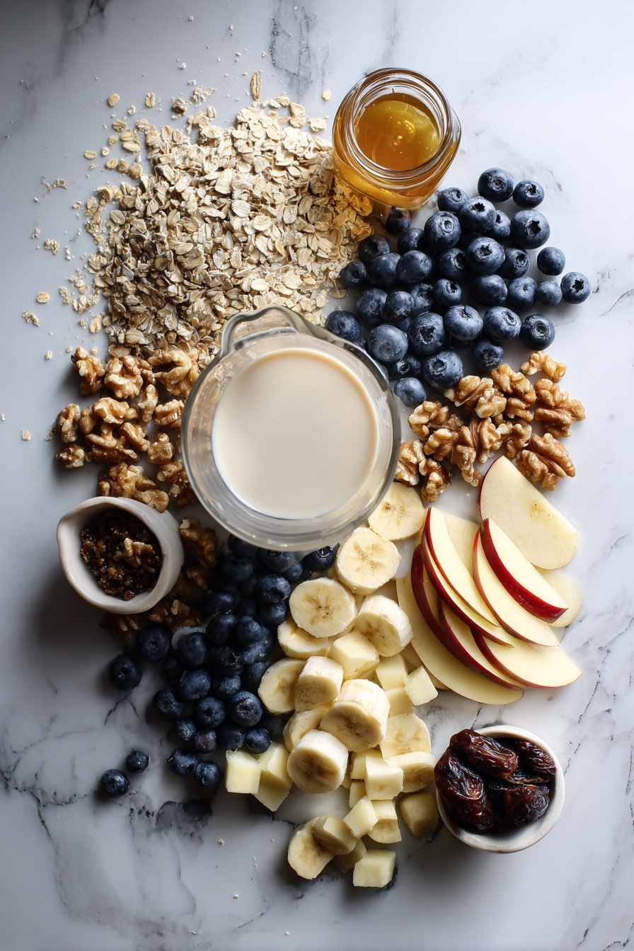 Simple Vegan Overnight Oats, vegan breakfast ideas, easy overnight oats, healthy vegan breakfast, quick vegan morning recipes - Flat lay of rolled oats, a glass of creamy vanilla soy milk, fresh blueberries, sliced banana, diced apples, chopped dates, walnut halves, and a small jar of golden maple syrup beautifully arranged on a white marble surface, photo taken with an iphone --ar 2:3 --v 7