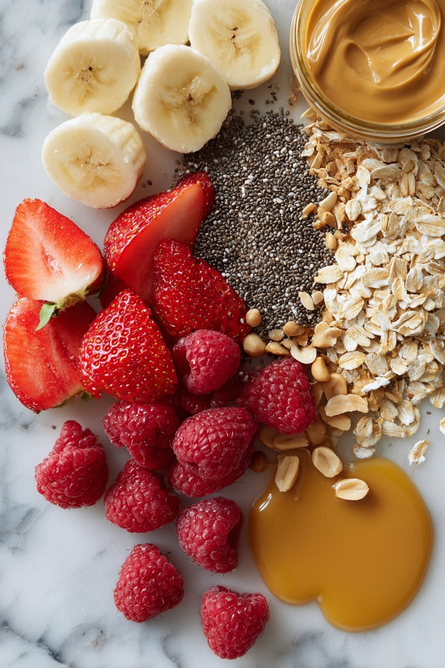 Peanut Butter Overnight Oats, healthy breakfast ideas, quick overnight oats, easy make-ahead breakfast, nutritious oatmeal recipes - Flat lay of creamy peanut butter in smooth dollops, a neat pile of rolled oats, glossy chia seeds scattered artistically, a small pool of golden maple syrup, fresh ripe strawberries sliced to reveal their vibrant red interiors, plump raspberries with delicate texture, fresh banana slices with soft yellow tones, and a handful of chopped peanuts adding crunch and contrast, all placed on a white marble surface, photo taken with an iphone --ar 2:3 --v 7