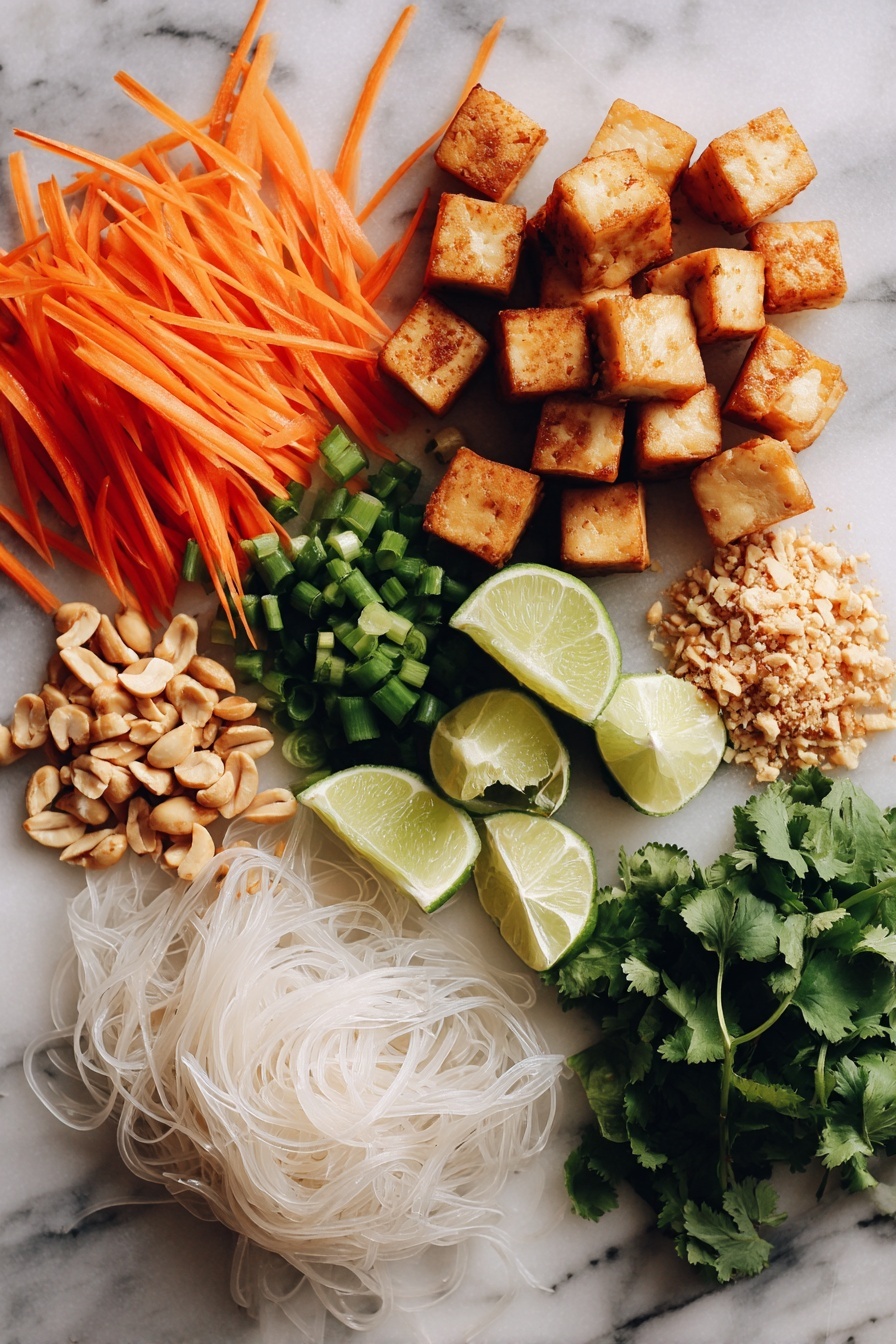 Vegan Pad Thai, Vegan Pad Thai recipe, plant-based Pad Thai, easy vegan Thai dishes, healthy vegan Pad Thai - Flat lay of golden crispy tofu cubes, bright orange julienne carrots, fresh green chopped scallions, vibrant lime wedges, fresh green cilantro leaves, crunchy light brown crushed peanuts, white mung bean sprouts, and pale translucent stir fry rice noodles, all beautifully arranged on a white marble surface, photo taken with an iphone --ar 2:3 --v 7
