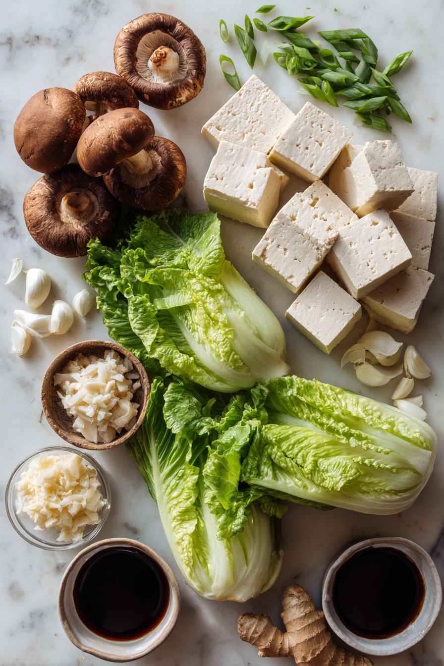 Tofu Lettuce Wraps, vegetarian lettuce wraps, healthy tofu stir-fry, vegan lettuce wraps, easy tofu lettuce wraps - Flat lay of firm tofu blocks, fresh butter lettuce leaves separated in clusters, whole cremini mushrooms with rich brown caps, chopped water chestnuts showing their crunchy white interior, bright green sliced spring onions, peeled garlic cloves, a small pile of fresh grated ginger, and a small dish of dark hoisin sauce, all beautifully arranged on a white marble surface, photo taken with an iphone --ar 2:3 --v 7