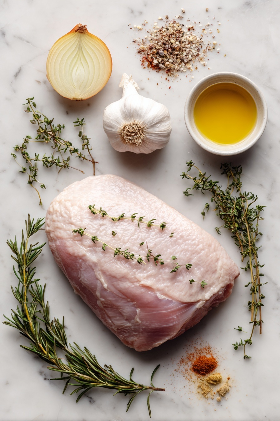 Slow Cooker Herb-Seasoned Turkey Breast, easy turkey breast recipe, juicy turkey in slow cooker, herbal turkey breast, healthy slow cooker poultry - Flat lay of a raw boneless turkey breast surrounded by fresh sprigs of thyme and rosemary, a head of garlic halved horizontally showing its cloves, a yellow onion cut in half revealing its layers, small piles of garlic powder, paprika, and onion powder, and a small pool of golden olive oil, placed on a white marble surface, photo taken with an iphone --ar 2:3 --v 7