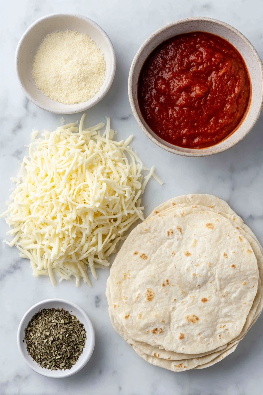 Air Fryer Pizza Rolls, crispy pizza roll recipe, quick snack ideas, easy air fryer snacks, cheesy pizza rolls - Flat lay of two whole wheat tortillas stacked slightly offset, a small white ceramic bowl filled with shredded mozzarella cheese, another small white ceramic bowl containing rich red marinara sauce, a small white ceramic bowl with a heap of dried oregano, a small white ceramic bowl with dried basil leaves, and a small white ceramic bowl holding fine garlic powder, all arranged in perfect symmetry on a clean white marble surface, soft natural light, photo taken with an iPhone, professional food photography style, fresh ingredients, white ceramic bowls, no bottles, no duplicates, no utensils, no packaging --ar 2:3 --v 7 --p awthu7i m7354615311229779997