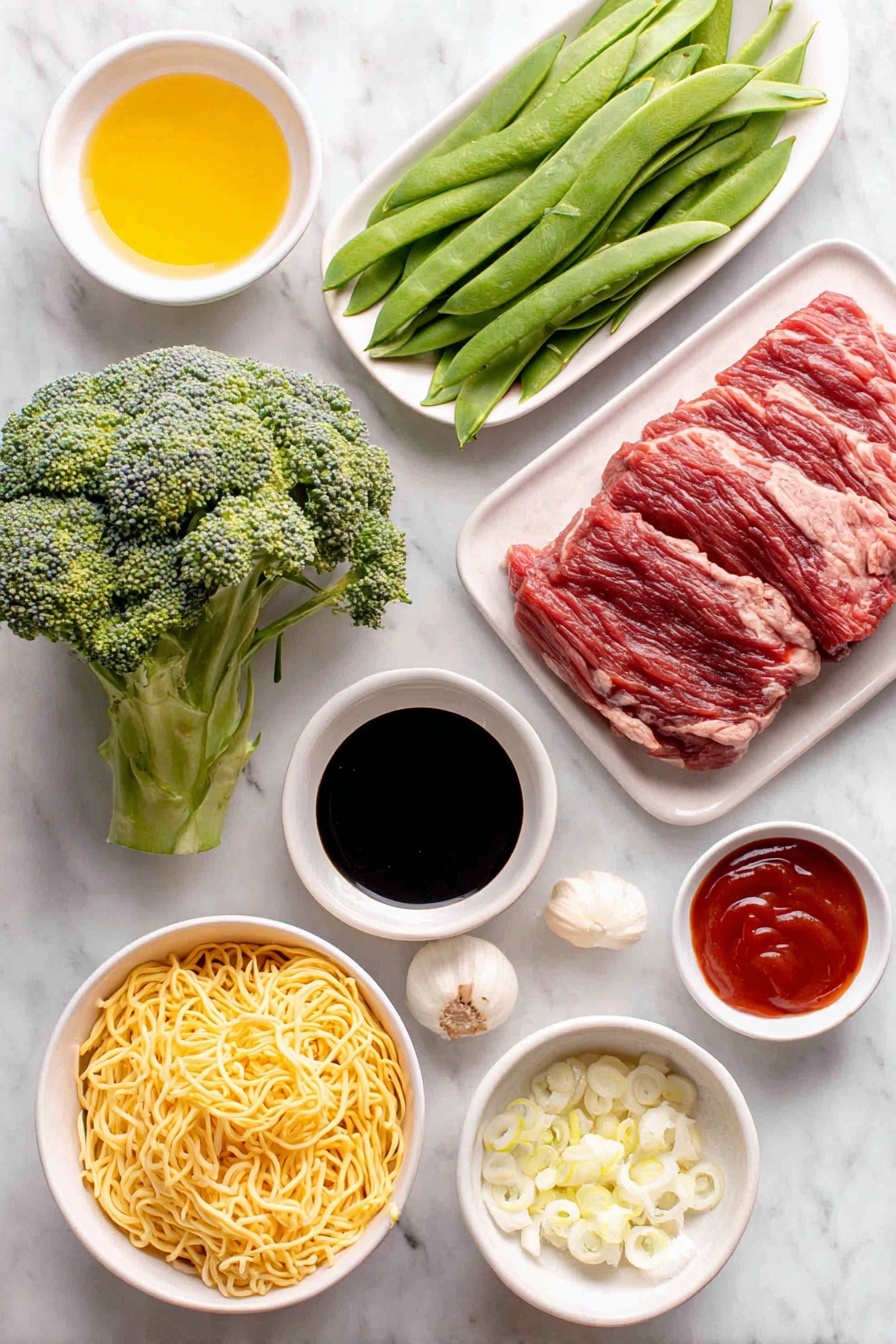 Sticky Beef & Noodles, Beef & Noodles Stir Fry, One Pan Beef Noodles, Quick Beef and Noodles, Easy Beef Stir Fry - Flat lay of a small white ceramic bowl of sunflower oil, thin strips of raw steak with fat removed, a fresh head of broccoli with vibrant green florets, a handful of crisp mange tout (snow peas), a small pile of dried egg noodles, a small white bowl filled with crushed fresh ginger, a few whole uncracked cloves of garlic, a small white bowl of oyster sauce, a small white bowl of dark soy sauce, a small white bowl of honey, a small white bowl of tomato ketchup, and several fresh spring onions trimmed and sliced, all arranged with perfect symmetry and balanced proportions on a clean white marble surface, soft natural light, photo taken with an iPhone, professional food photography style, fresh ingredients, white ceramic bowls, no bottles, no duplicates, no utensils, no packaging --ar 2:3 --v 7 --p awthu7i m7354615311229779997