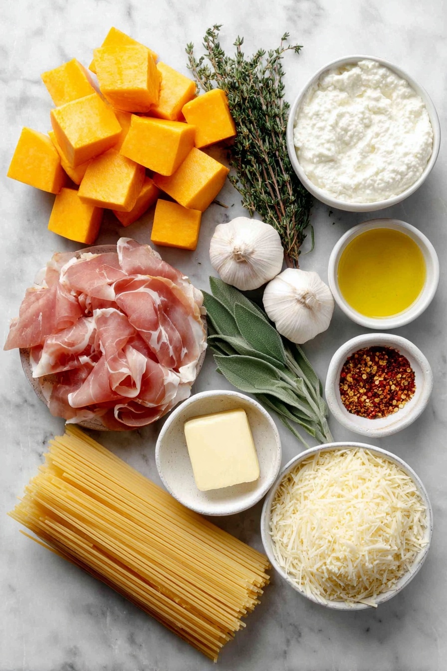 Creamy Roasted Garlic Butternut Squash Pasta, roasted butternut squash pasta, garlic squash pasta recipe, vegetarian autumn pasta, easy fall pasta recipes - Flat lay of a small pile of cubed fresh butternut squash with deep orange color, several whole garlic cloves with papery skins intact, a few sprigs of fresh thyme with tiny green leaves, a small bunch of bright green fresh rosemary sprigs, a neat pile of thin slices of pink prosciutto, a small white ceramic bowl filled with creamy white ricotta cheese, a small white bowl holding golden extra virgin olive oil, a small white bowl containing salted butter pat, a few fresh sage leaves in a small white bowl, a small white bowl with shredded pale yellow gouda cheese, a small white bowl with finely grated parmesan cheese, a small white bowl with crushed red pepper flakes, a few whole uncracked brown eggs, and a neat bundle of uncooked linguine pasta with a pale yellow hue, all arranged symmetrically on a clean white marble surface, soft natural light, photo taken with an iPhone, professional food photography style, fresh ingredients, white ceramic bowls, no bottles, no duplicates, no utensils, no packaging --ar 2:3 --v 7 --p awthu7i m7354615311229779997