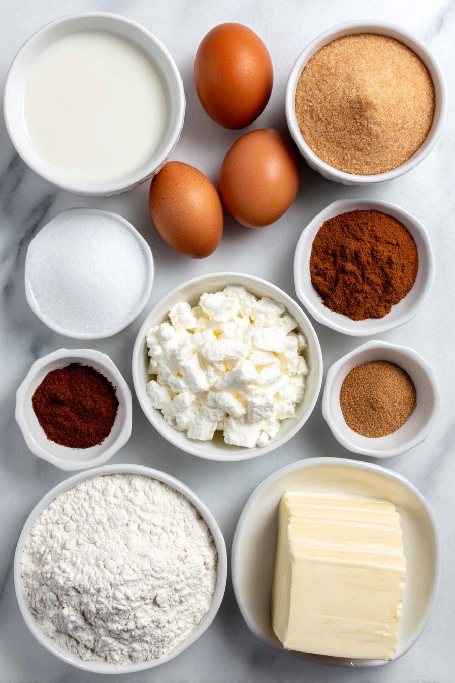 Chai Cinnamon Rolls with Caramel Sauce, chai spice cinnamon rolls, chai caramel roll recipe, spicy cinnamon rolls, caramel chai dessert - Flat lay of a small white ceramic bowl of warm whole milk, a small white ceramic bowl with a heap of all-purpose flour, two whole uncracked brown eggs, a small white ceramic bowl of light brown sugar, a small white ceramic bowl of granulated white sugar, a small white ceramic bowl of softened unsalted butter, a small white ceramic bowl of heavy cream, a white ceramic dish holding two dry chai tea bags, small white ceramic bowls each with ground cinnamon, ground ginger, ground allspice, ground nutmeg, ground cardamom, and ground cloves, a small white ceramic bowl of honey, a small white ceramic bowl of powdered sugar, a small white ceramic bowl with cream cheese softened block, and a small white ceramic bowl of pure vanilla extract, all ingredients fresh and natural, arranged in perfect symmetry, placed on a clean white marble surface, soft natural light, photo taken with an iPhone, professional food photography style, fresh ingredients, white ceramic bowls, no bottles, no duplicates, no utensils, no packaging --ar 2:3 --v 7 --p awthu7i m7354615311229779997