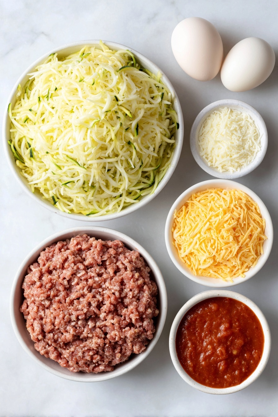 Zucchini Pizza Casserole, healthy zucchini casserole, easy zucchini dinner, veggie-packed pizza casserole, zucchini dinner recipes - Flat lay of shredded unpeeled zucchini heaped in a simple white ceramic bowl, a small white bowl of fine salt crystals, two large whole uncracked eggs with clean shells, a small white bowl filled with finely grated pale Parmesan cheese, a small white bowl of shredded white mozzarella cheese, a small white bowl of shredded orange cheddar cheese, a mound of raw ground beef, a small pile of chopped white onion, two peeled garlic cloves, a small white bowl of smooth rich red tomato sauce, all arranged with perfect symmetry and balanced proportions, placed on a clean white marble surface, soft natural light, photo taken with an iPhone, professional food photography style, fresh ingredients, white ceramic bowls, no bottles, no duplicates, no utensils, no packaging --ar 2:3 --v 7 --p awthu7i m7354615311229779997