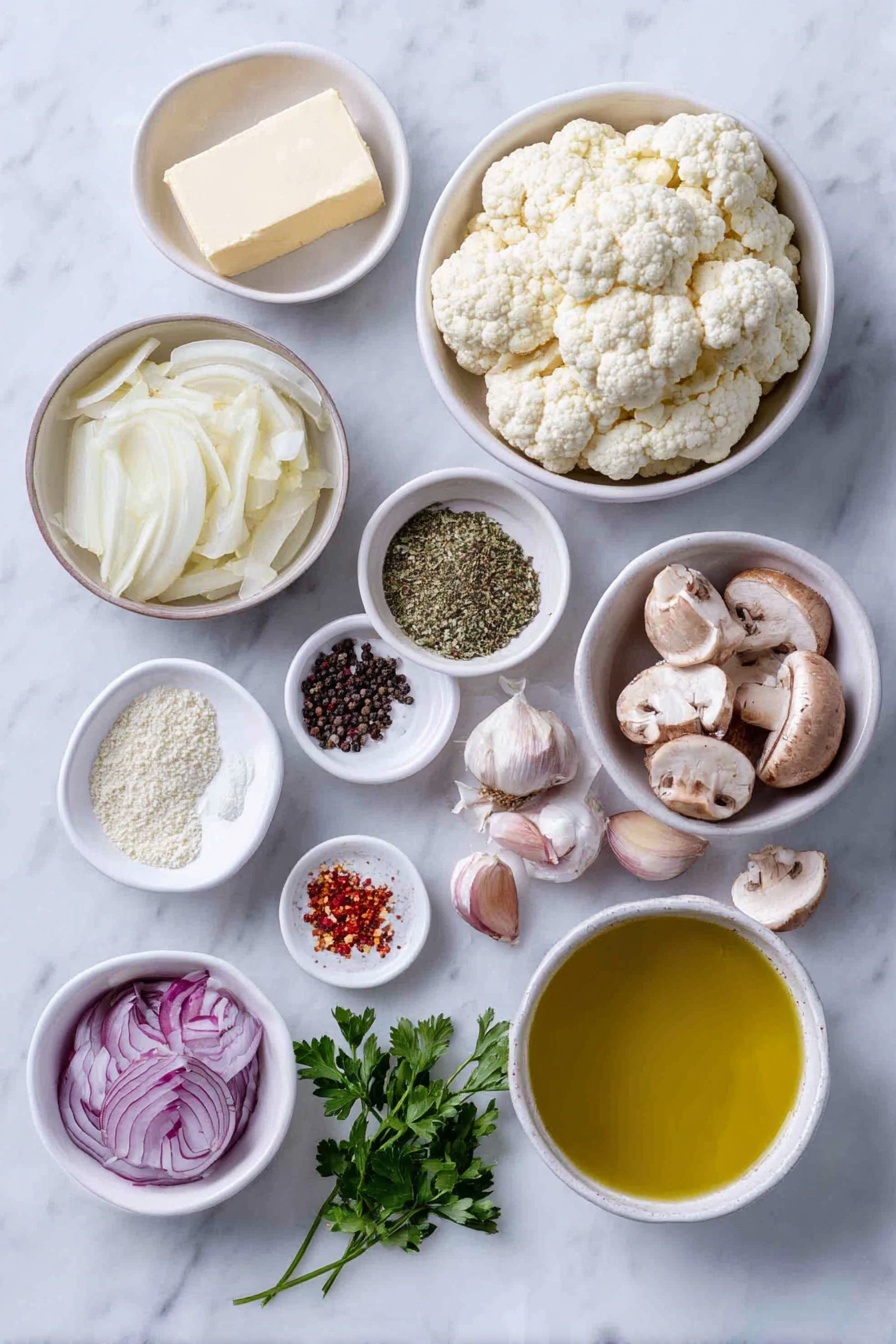 Creamy Mushroom Cauliflower Skillet, mushroom cauliflower stir-fry, healthy vegetarian skillet dinner, easy cauliflower mushroom recipe, comforting veggie skillet - Flat lay of a small white ceramic bowl of unsalted butter, a small white ceramic bowl of olive oil, a few thin slices of fresh onion arranged neatly, fresh cauliflower cut into small florets, whole cremini mushrooms halved and quartered, a small white ceramic bowl with dried Italian seasoning, a small white ceramic bowl of coarse salt, a small white ceramic bowl of black peppercorns, a small white ceramic bowl of vegetable broth, three whole garlic cloves, a small white ceramic bowl of red pepper flakes, and a few sprigs of fresh parsley placed on a clean white marble surface, soft natural light, photo taken with an iPhone, professional food photography style, fresh ingredients, white ceramic bowls, no bottles, no duplicates, no utensils, no packaging --ar 2:3 --v 7 --p awthu7i m7354615311229779997