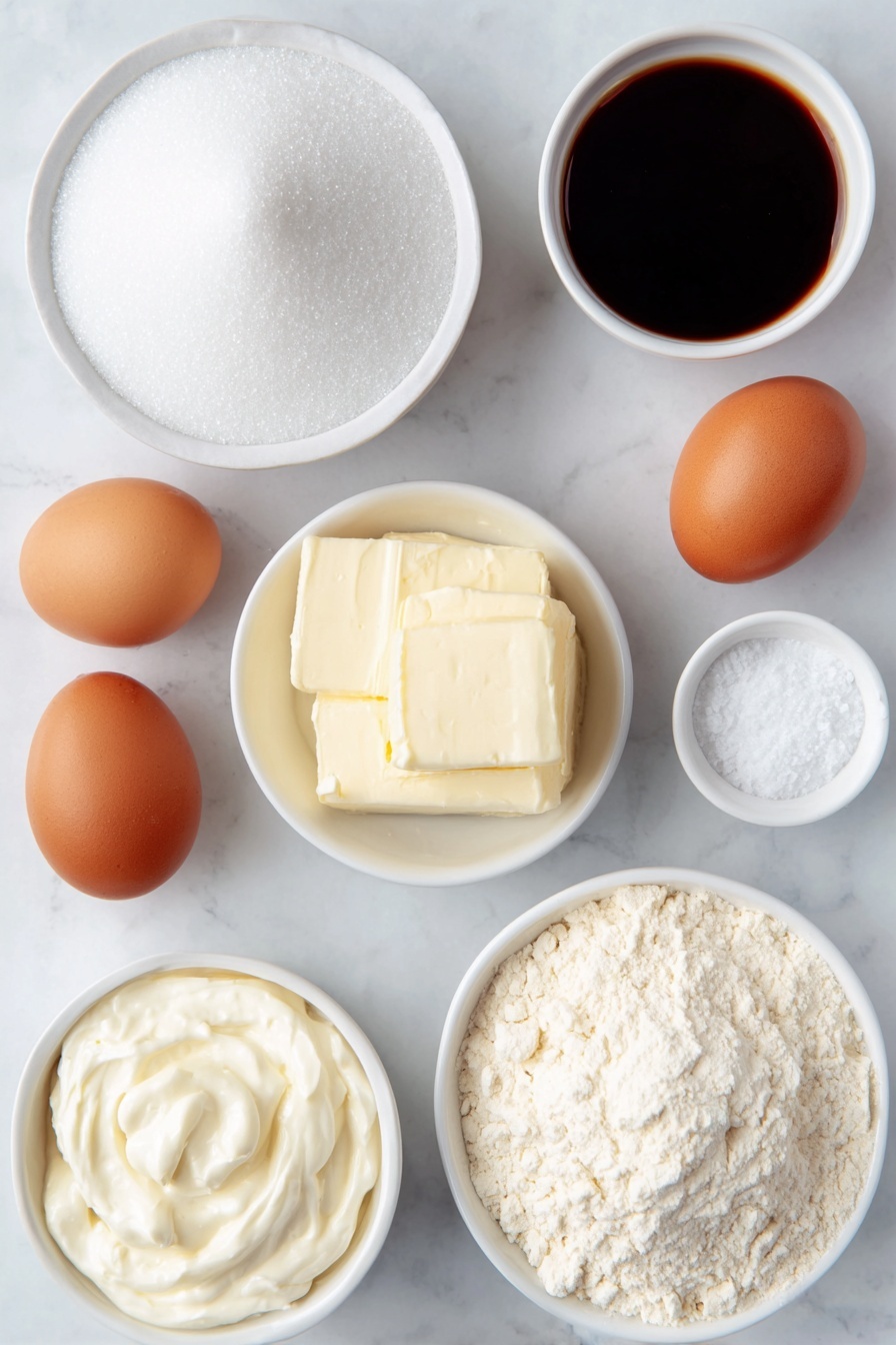 French Butter Cake, French Butter Cake Recipe, how to make French Butter Cake, tender butter cake, classic French dessert - Flat lay of a small white ceramic bowl of granulated sugar, a small white ceramic bowl with softened unsalted butter, three whole brown eggs with clean shells, a small white ceramic bowl of pale vanilla extract, a small white ceramic bowl of sifted cake flour, a small white ceramic bowl containing baking powder, a small white ceramic bowl of fine salt, a small white ceramic bowl of thick sour cream, and a small white ceramic bowl with granulated sugar for topping, all arranged in perfect symmetry and balanced proportions, placed on a clean white marble surface, soft natural light, photo taken with an iPhone, professional food photography style, fresh ingredients, white ceramic bowls, no bottles, no duplicates, no utensils, no packaging --ar 2:3 --v 7 --p awthu7i m7354615311229779997