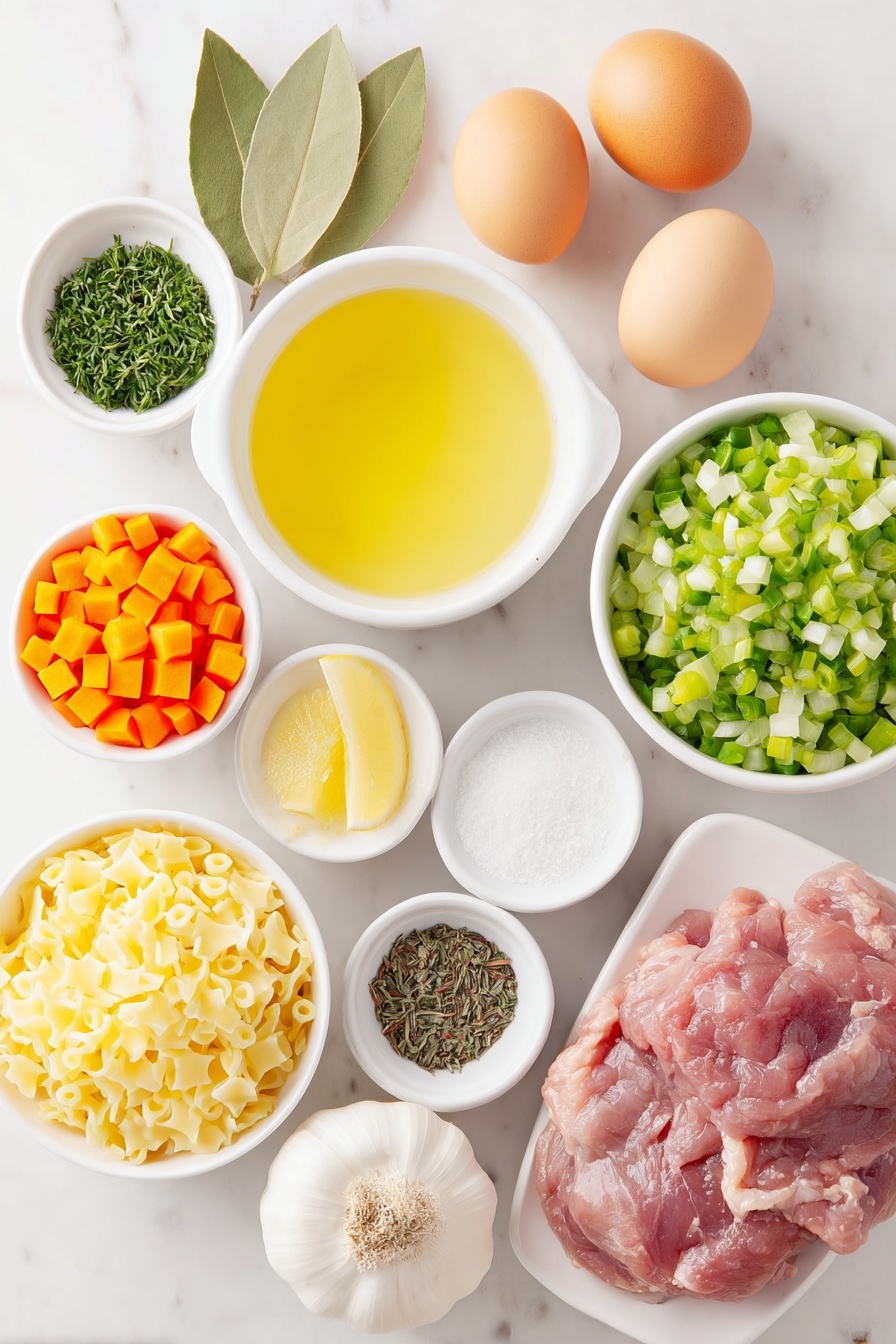 Lemon Chicken Soup, Lemon Chicken Soup recipe, healthy lemon chicken soup, easy lemon chicken soup, comforting lemon chicken soup - Flat lay of a small white ceramic bowl of golden olive oil, a small white bowl of finely chopped yellow onion, a small white bowl of diced bright orange carrots, a small white bowl of finely chopped light green celery, a small white bowl of peeled garlic cloves, whole uncracked brown eggs, two fresh bay leaves, fresh raw boneless, skinless chicken breasts with pink flesh, a small white bowl filled with dry pale yellow orzo pasta, a small white bowl of freshly squeezed lemon juice, a small white bowl of ground black pepper, a small white bowl of dried green parsley, a small white bowl of dried light brown thyme, a small white bowl of fine white salt, and a large white ceramic bowl filled with clear chicken broth, placed on a clean white marble surface, soft natural light, photo taken with an iPhone, professional food photography style, fresh ingredients, white ceramic bowls, no bottles, no duplicates, no utensils, no packaging --ar 2:3 --v 7 --p m7354615311229779997