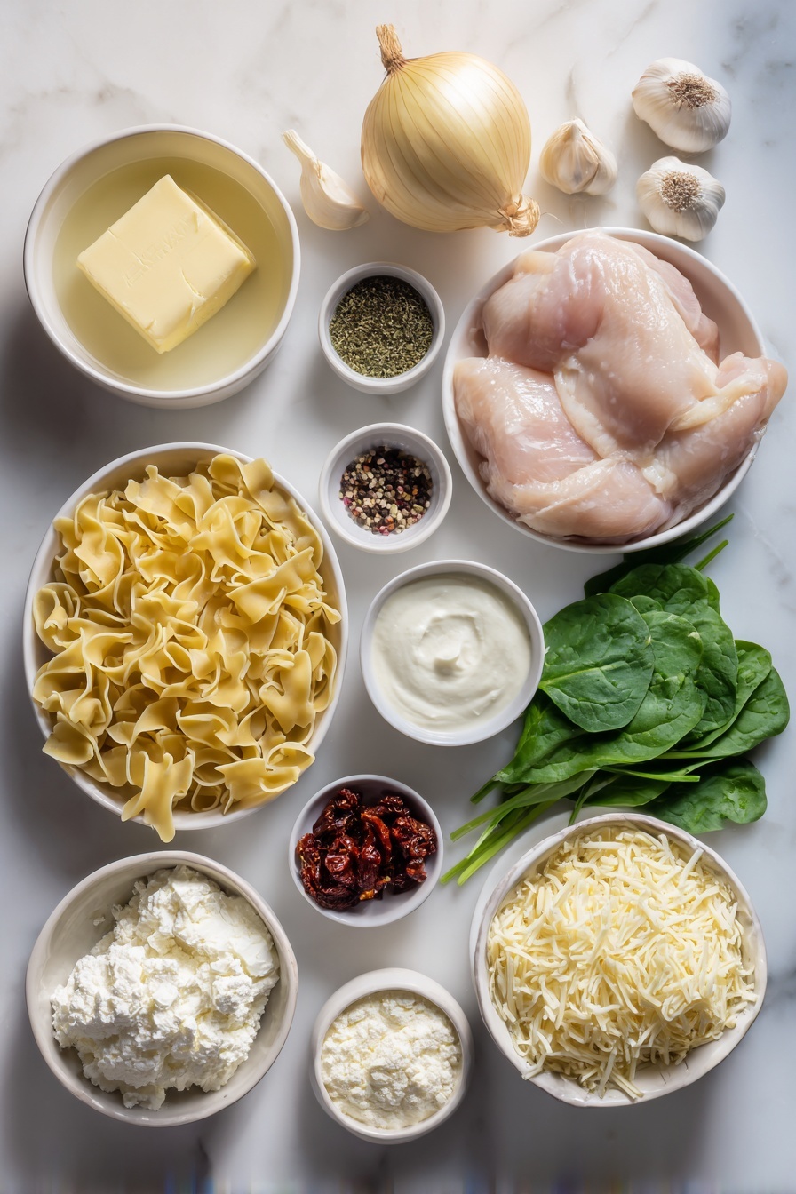 White Lasagna Soup, creamy white lasagna soup, Italian lasagna soup, easy lasagna soup, comforting soup recipes - Flat lay of unsalted butter in a small white ceramic bowl, one medium yellow onion whole and unpeeled, three whole garlic cloves with papery skins, a small white bowl of mixed Italian seasoning herbs, white ceramic bowls containing salt, black peppercorns, and red chili flakes separately, a small white bowl filled with low-sodium chicken broth, two raw boneless skinless chicken breasts, a small white bowl of chopped sun-dried tomatoes, a white ceramic bowl holding broken dry lasagna noodles, a small white bowl with creamy half-and-half, a small white bowl of white cornstarch powder, a handful of fresh bright green roughly chopped spinach leaves, a small white bowl of soft white ricotta cheese, a small white bowl of grated pale yellow Parmesan cheese, and a small white bowl filled with shredded mozzarella cheese placed on a clean white marble surface, soft natural light, photo taken with an iPhone, professional food photography style, fresh ingredients, white ceramic bowls, no bottles, no duplicates, no utensils, no packaging --ar 2:3 --v 7 --p m7354615311229779997