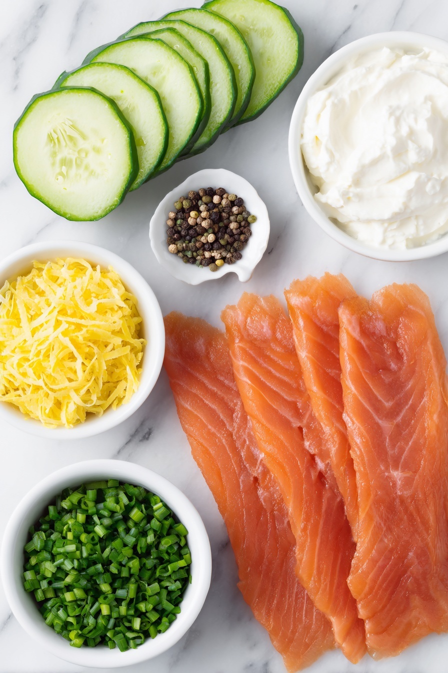 Cucumber Smoked Salmon Bites, smoked salmon appetizers, easy finger foods with smoked salmon, healthy seafood appetizers, quick party appetizers - Flat lay of a long cucumber sliced into thin rounds, delicate pieces of smoked salmon with a rich orange hue, a small white ceramic bowl of smooth cream cheese, finely minced pale green spring onion scattered beside a small white bowl of bright chopped chives, a tiny white bowl containing fresh yellow lemon zest, another small white bowl with pale yellow lemon juice, and a small mound of freshly cracked black pepper, all arranged in perfect symmetry and balanced proportions on a clean white marble surface, soft natural light, photo taken with an iPhone, professional food photography style, fresh ingredients, white ceramic bowls, no bottles, no duplicates, no utensils, no packaging --ar 2:3 --v 7 --p m7354615311229779997