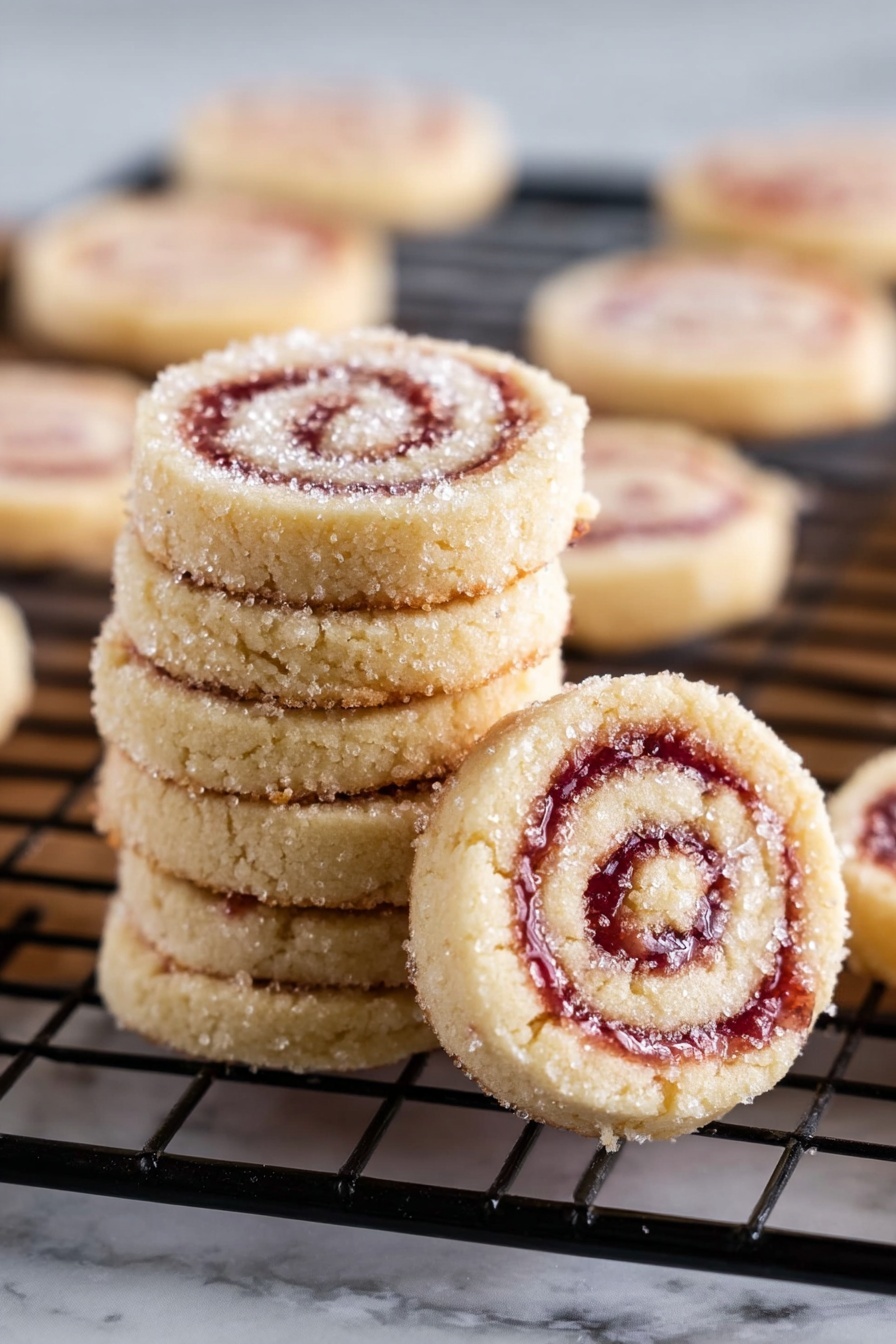 Raspberry Cream Cheese Pinwheel Cookies, raspberry cream cheese cookies, cream cheese pinwheel cookies, raspberry dessert cookies, easy pinwheel cookie recipe - The image shows a stack of six small round pinwheel cookies with swirls of light beige dough and pinkish-red jam in the center. The cookies are dusted with sparkling sugar crystals on top, giving a slightly rough texture. One cookie leans against the stack, revealing its spiral pattern clearly, while several more cookies are spread on a black wire cooling rack in the background. The cookies have a soft, slightly crumbly texture, and the scene is set on a white marbled surface. Photo taken with an iphone --ar 2:3 --v 7