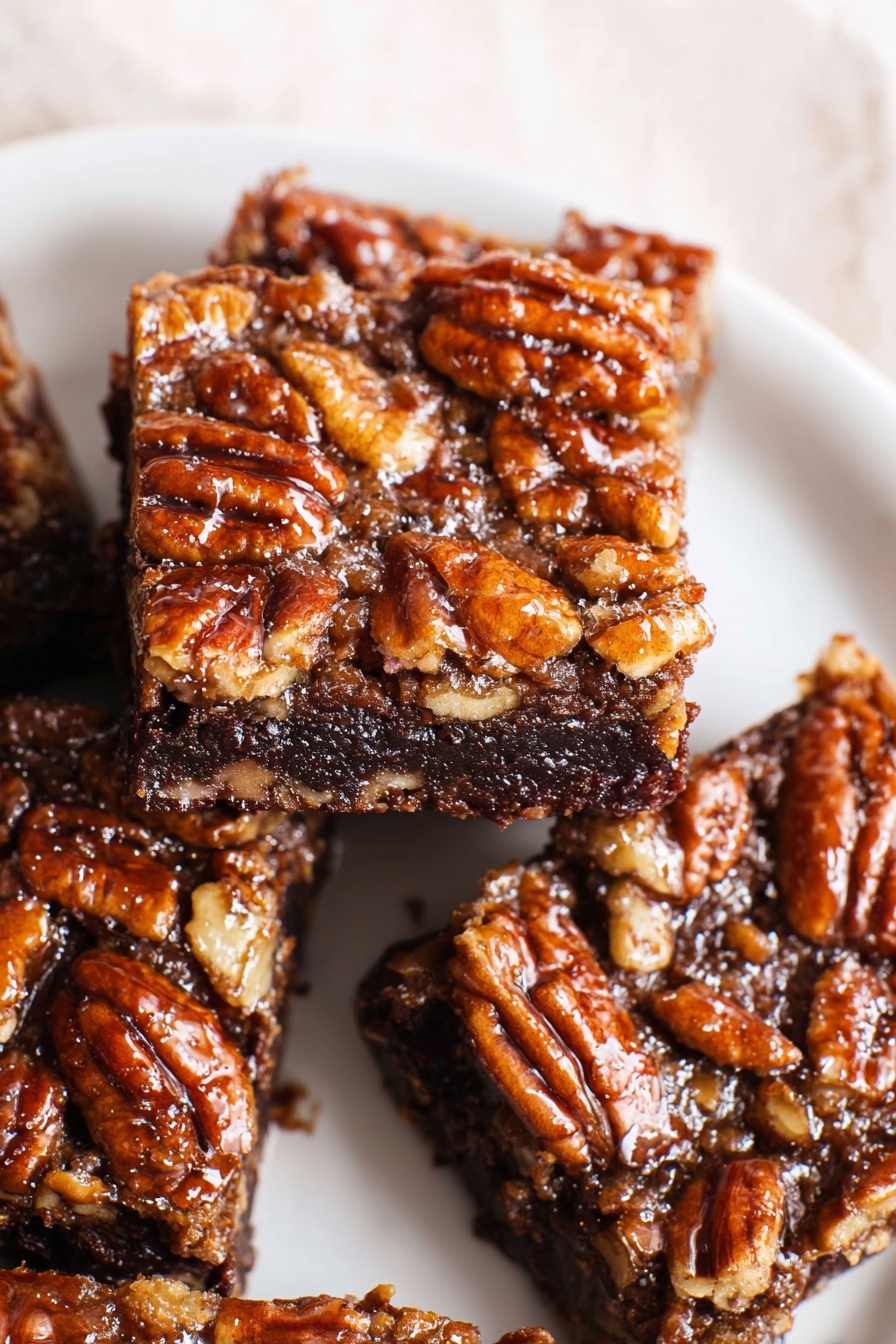 Gooey Pecan Pie Brownies, Pecan Pie Brownies, Chocolate Pecan Bar Recipe, Nutty Fudge Brownies, Easy Pecan Dessert - The image shows close-up pieces of sticky pecan bars arranged on a white plate placed on a white marbled surface. Each bar has three visible layers: the bottom layer is dark brown and dense, likely a rich chocolate or brownie base; the middle layer is slightly hidden but appears to be a gooey, caramel-like filling with a shiny texture; the top layer is thickly covered with large, toasted pecan halves that are glossy and coated with a sticky syrup, giving the nuts a shiny, caramelized appearance. The pecans are unevenly piled, creating a rough, textured look with various shades of brown, from light golden to deep mahogany. Photo taken with an iphone --ar 2:3 --v 7