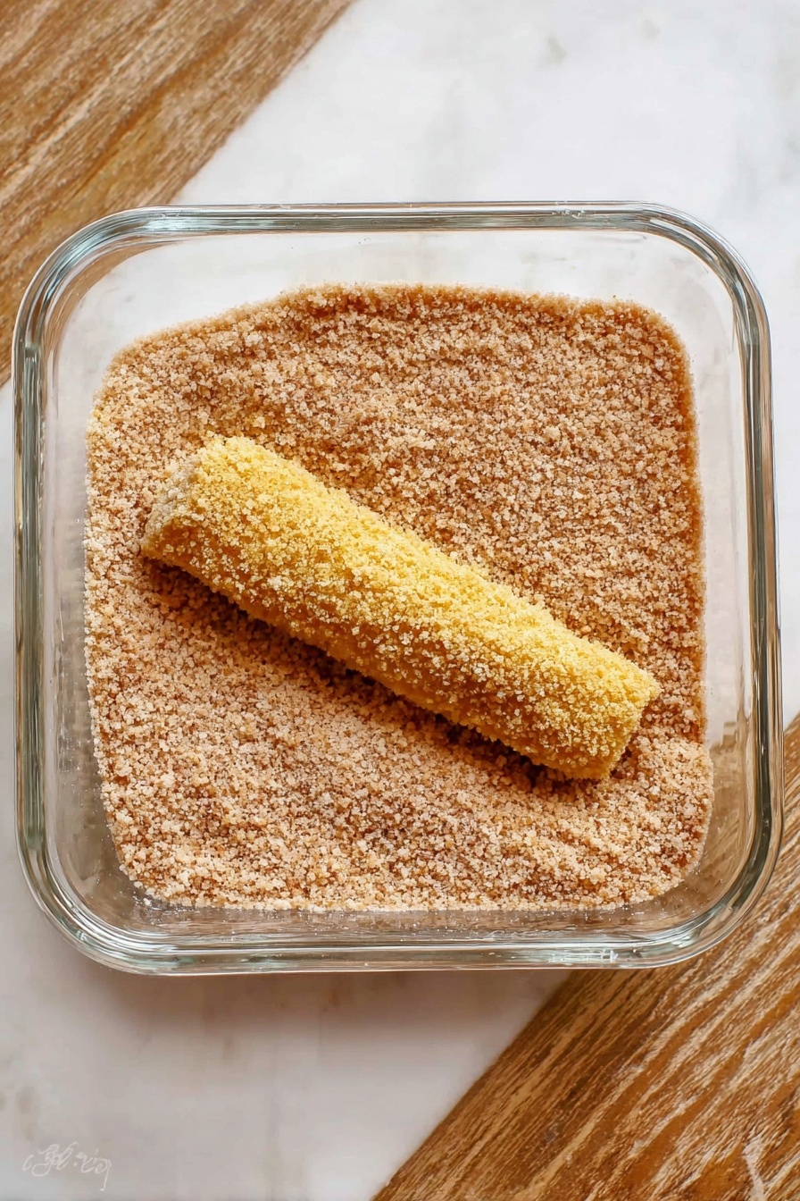 Cinnamon Roll French Toast Roll Ups, easy breakfast ideas, brunch recipe, cinnamon roll dessert, quick breakfast recipes - A clear square glass container is filled with light brown breadcrumbs, creating a fine, grainy texture across the bottom. In the middle, a single, elongated food item coated in yellow batter rests partially covered by breadcrumbs, with a slightly rough texture from the coating. The scene is set on a white marbled surface, showing some wooden edge at the top. photo taken with an iphone --ar 2:3 --v 7