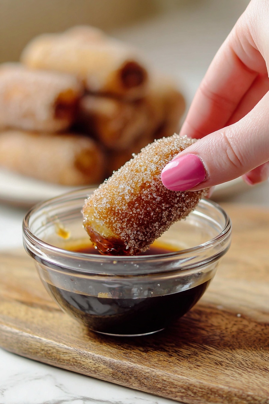 Cinnamon Roll French Toast Roll Ups, easy breakfast ideas, brunch recipe, cinnamon roll dessert, quick breakfast recipes - A close-up of a woman's hand with pink nail polish holding a small, golden-brown roll covered in coarse sugar crystals, dipping it into a clear glass bowl filled with dark, glossy syrup. In the background, there is a stack of similar sugar-coated rolls blurred softly on a wooden board. The scene is set on a white marbled surface. photo taken with an iphone --ar 2:3 --v 7