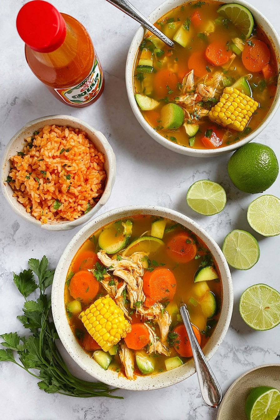 Mexican Chicken Soup, Mexican Chicken Soup recipe, Caldo de pollo, Mexican chicken soup with fresh herbs, comforting Mexican chicken soup - The image shows two white bowls of soup filled with several layers of colorful ingredients starting with a clear broth base, followed by pieces of shredded light-colored chicken, round orange carrot slices, green zucchini chunks, and a bright yellow section of corn on the cob placed in the middle. One bowl includes a lime wedge resting on the rim, while silver spoons sit inside both bowls. Next to the bowls, a small white bowl contains orange-colored rice with some chopped vegetables. Surrounding the dishes are a few lime wedges, fresh green parsley sprigs, and a bottle of orange hot sauce with a red cap, all set on a white marbled surface. Photo taken with an iphone --ar 2:3 --v 7