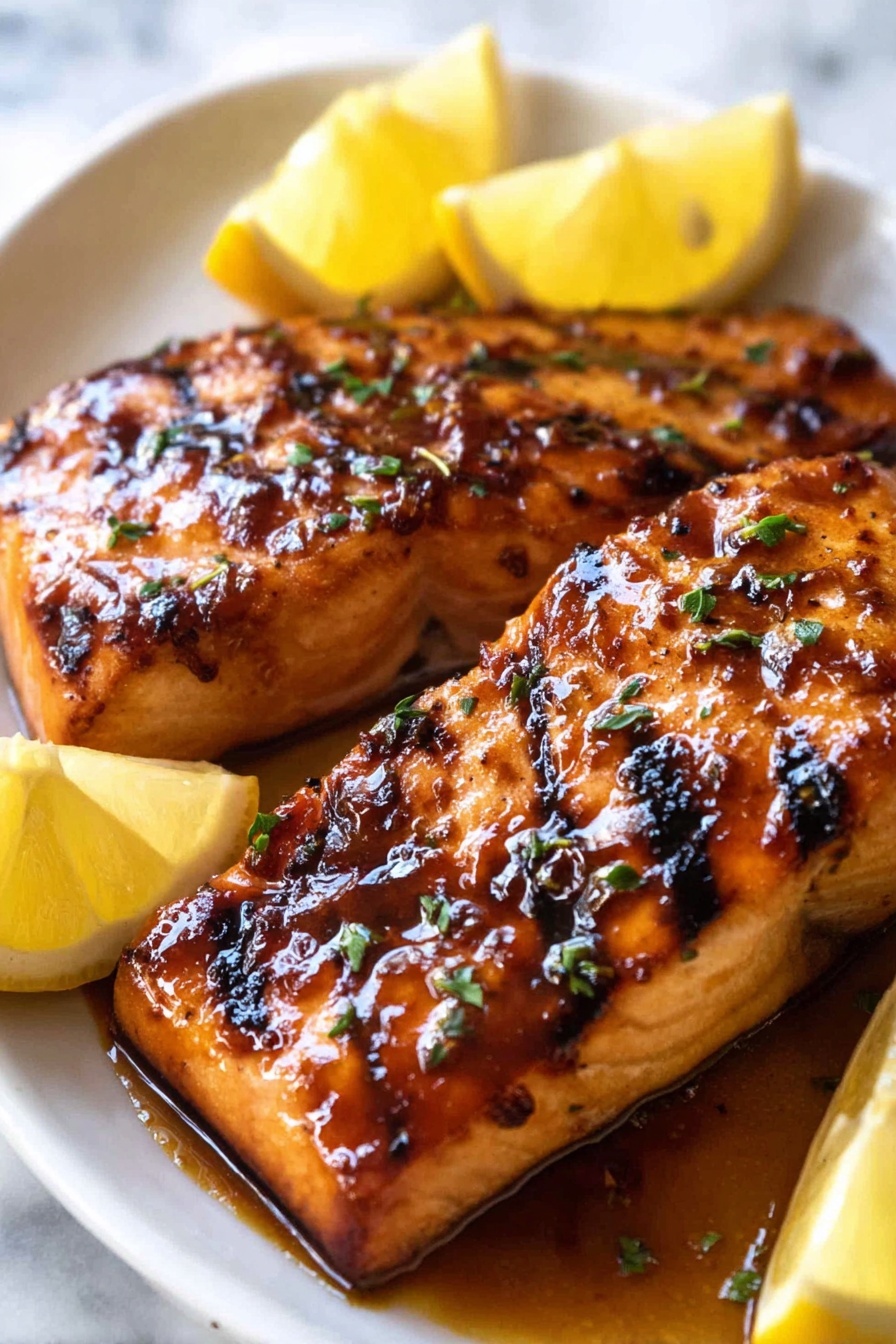 Grilled Salmon with Sweet Soy Marinade, salmon marinade recipes, Asian-inspired salmon, healthy grilled salmon, easy salmon dinner ideas - The image shows two pieces of grilled salmon placed close to each other on a white plate with a white marbled surface in the background. Each salmon piece has a shiny, golden-brown glaze with some darker char marks and small bits of herbs visible on top. One piece is topped with a thin lemon slice, while the other piece has no topping. A woman's hand is holding a spoon above the salmon, pouring a thick, golden sauce over the fish, which creates a drip mid-flow. To the right side of the plate, a lemon wedge is placed, adding a yellow contrast. The overall look is rich and fresh, emphasizing the glazed texture and juicy appeal of the salmon photo taken with an iphone --ar 2:3 --v 7