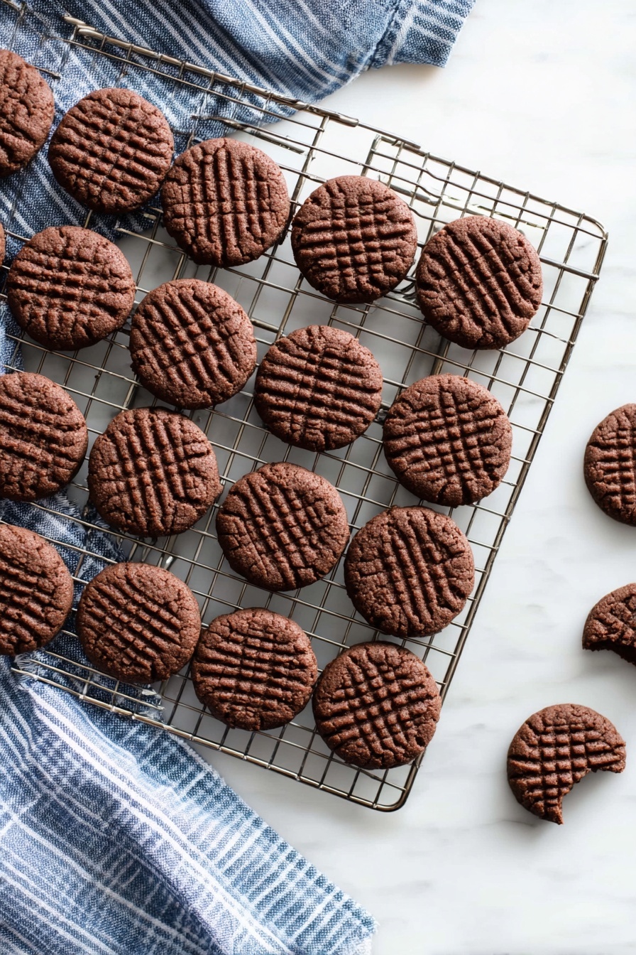 Chocolate Peanut Butter Cookies, peanut butter chocolate cookies, homemade peanut butter cookies, soft chewy cookies, easy cookie recipe - A metal wire cooling rack filled with two rows of small, round, dark brown chocolate cookies, each with a crosshatch pattern pressed into the top. Below and around the rack, a white marbled surface partly covered with a blue and white striped cloth is visible. A few cookies are scattered near the bottom right edge of the rack, with one cookie showing a bite taken out of it. The overall feel is warm and fresh from baking. photo taken with an iphone --ar 2:3 --v 7