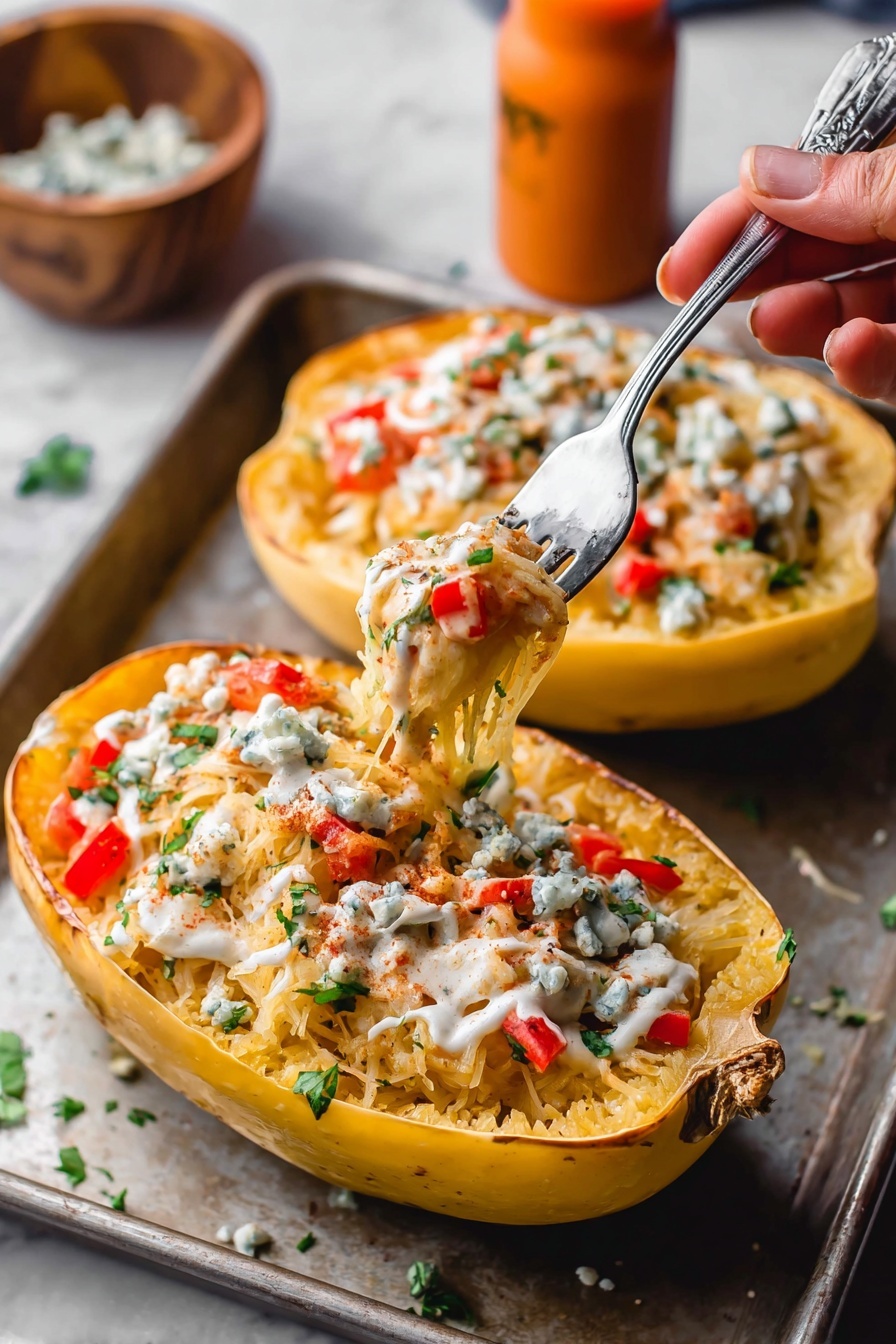 Buffalo Chicken Stuffed Spaghetti Squash, healthy buffalo chicken dinner, low-carb stuffed spaghetti squash, easy stuffed spaghetti squash recipes, spicy chicken squash dish - The dish shows two halved spaghetti squashes filled with a colorful mix of shredded yellow cheese, orange chicken, and chopped red bell peppers, topped with a drizzle of white sauce and sprinkled black pepper. Fresh green herbs like cilantro and sliced green onions add a touch of green on top. The halves rest on a dark baking sheet with a few sauce drips around them, all set on a white marbled surface. The texture looks creamy and cheesy with some chunky pieces of vegetables. photo taken with an iphone --ar 2:3 --v 7