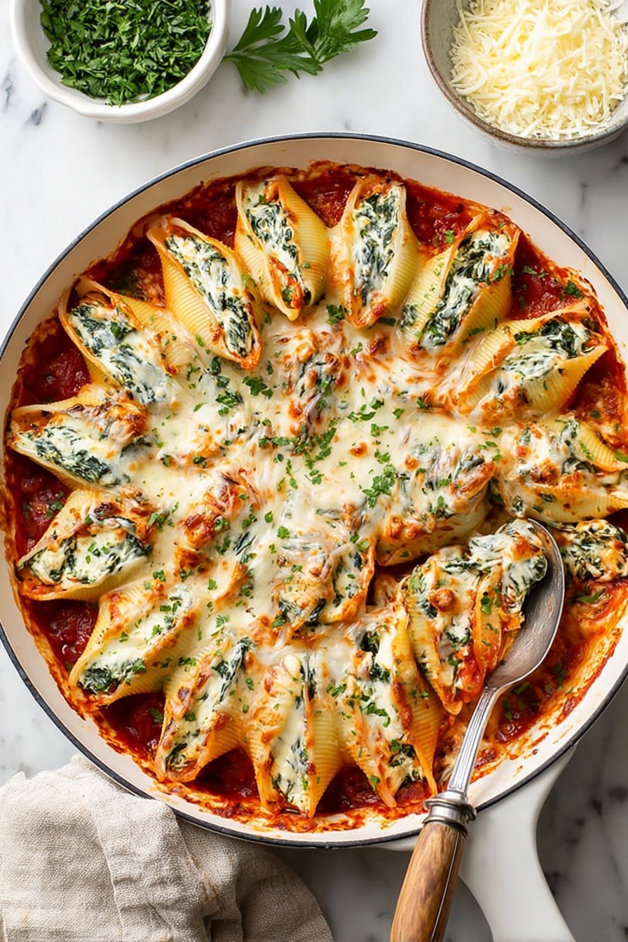 Cheese-Stuffed Shells with Spinach, cheesy stuffed pasta shells, spinach and cheese baked shells, easy stuffed shell pasta, comfort food Italian dish - A white bowl filled with a baked dish that has one layer of shells stuffed with cheese and small green spinach leaves inside. The shells are placed close together in a circular pattern, covered by melted white cheese with golden brown spots and some red tomato sauce visible between the shells. The dish is garnished with finely chopped green herbs on top. The bowl is on a white marbled surface. photo taken with an iphone --ar 2:3 --v 7