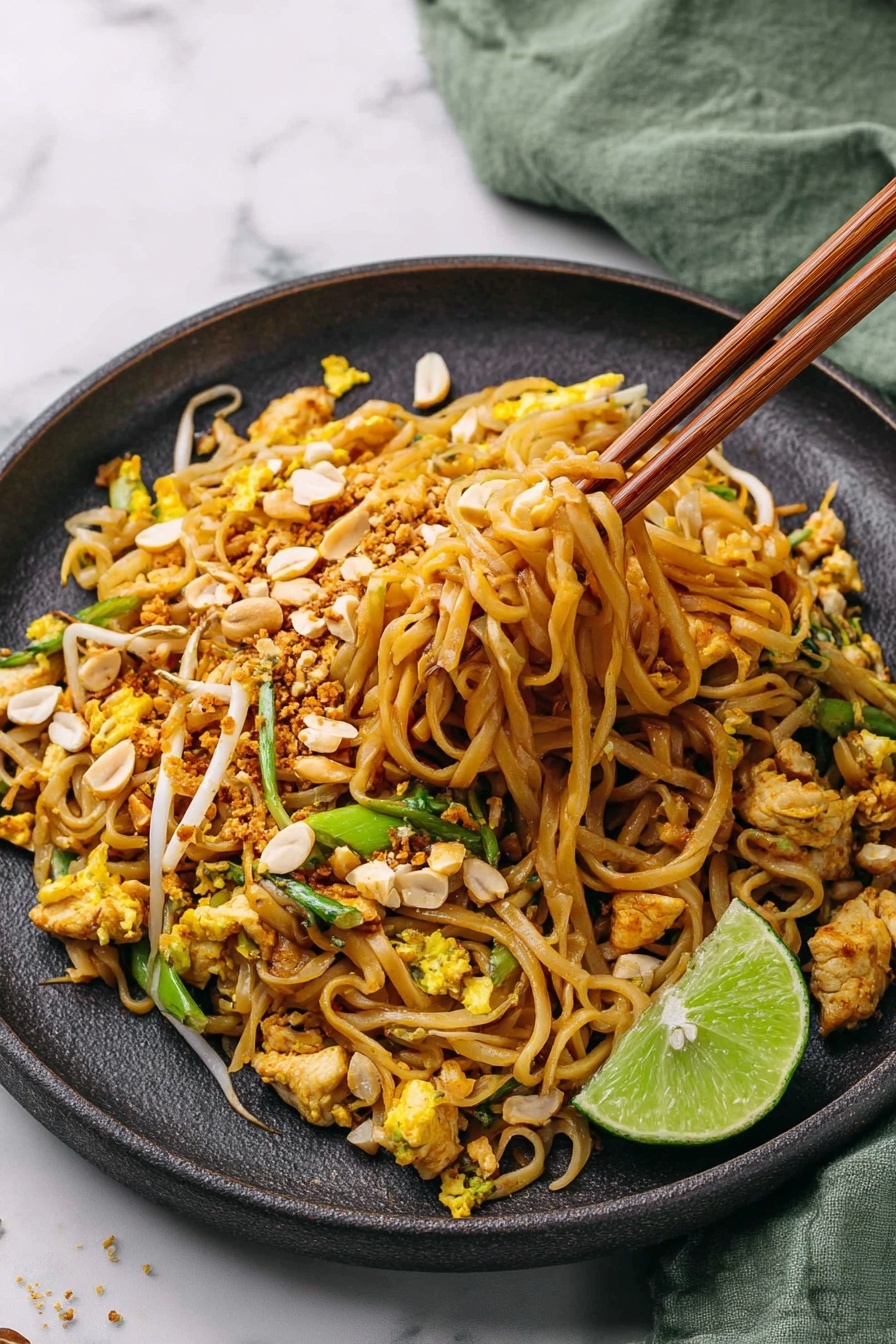 Authentic Chicken Pad Thai, Chicken Pad Thai recipe, Thai noodle dish, homemade Pad Thai, Bangkok-style Chicken Pad Thai - A dark round plate holds a pile of stir-fried noodles mixed with small pieces of light brown chicken and scrambled egg in yellow chunks. Bright green vegetable pieces are scattered throughout, with white sliced peanuts sprinkled on top. A wedge of lime rests on the side of the plate. A pair of wooden chopsticks lifts a twisted clump of noodles from the right side of the plate. The scene is set on a white marbled surface with a soft green cloth in the background. Photo taken with an iphone --ar 2:3 --v 7