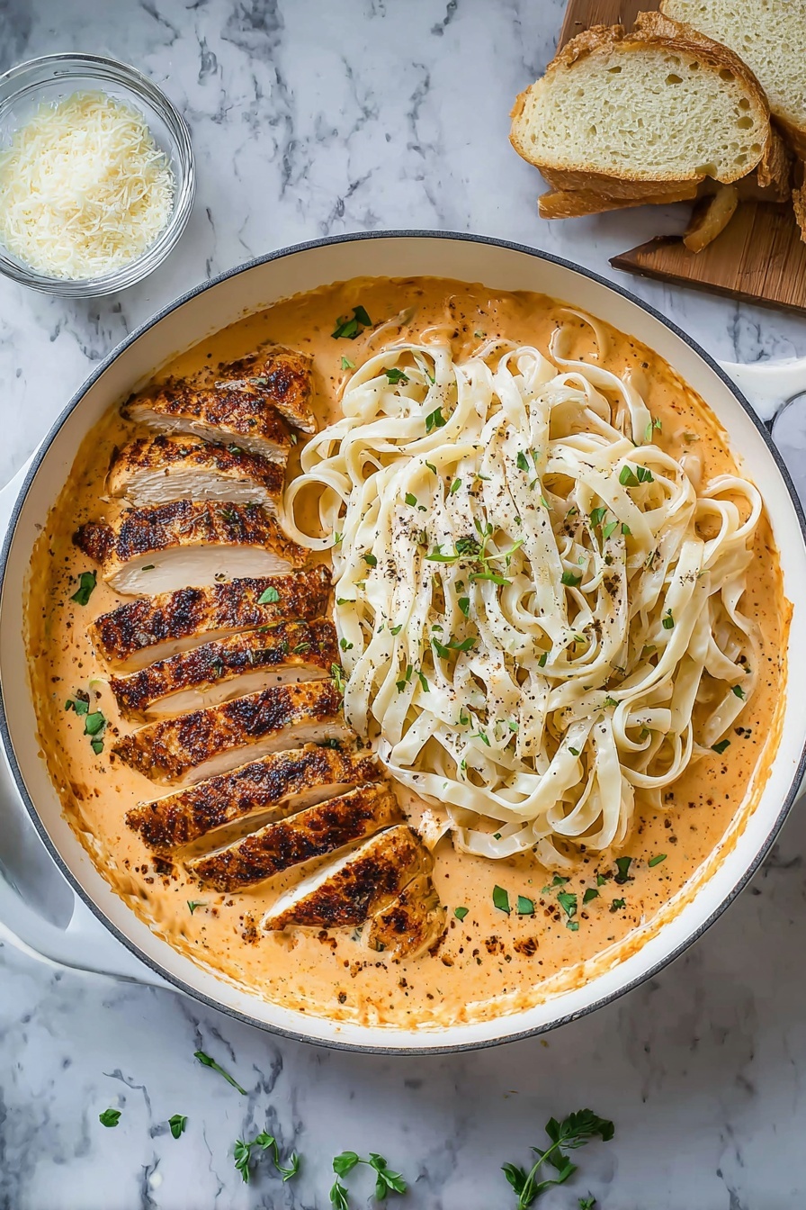 Creamy Cajun Chicken Pasta, Cajun Chicken Pasta, Easy Cajun Pasta, Spicy Creamy Chicken Pasta, Weeknight Dinner Recipes - A white round pan filled with creamy orange sauce covers the bottom layer, topped with two sections of white fettuccine pasta, loosely piled with a smooth texture and sprinkled with black pepper. On the left side, sliced grilled chicken with a crispy, dark brown crust is layered neatly over the sauce. Small green herb leaves are scattered over the chicken and pasta for garnish. A small glass bowl with grated cheese sits nearby on a white marbled surface along with two slices of bread. Photo taken with an iphone --ar 2:3 --v 7