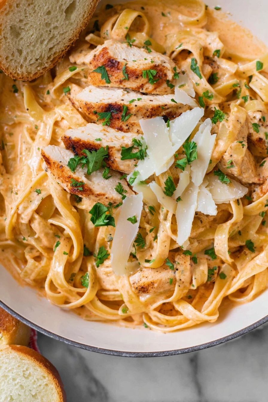 Creamy Cajun Chicken Pasta, Cajun Chicken Pasta, Easy Cajun Pasta, Spicy Creamy Chicken Pasta, Weeknight Dinner Recipes - A white bowl filled with creamy fettuccine pasta covered in a light orange sauce, mixed with grilled sliced chicken pieces that have a golden brown outside. On top, there are scattered green parsley leaves and thin white shavings of cheese. The sauce looks smooth and well-coated around the thick pasta strands. The bowl sits on a white marbled surface with a slice of light bread partially shown at the bottom left corner. photo taken with an iphone --ar 2:3 --v 7