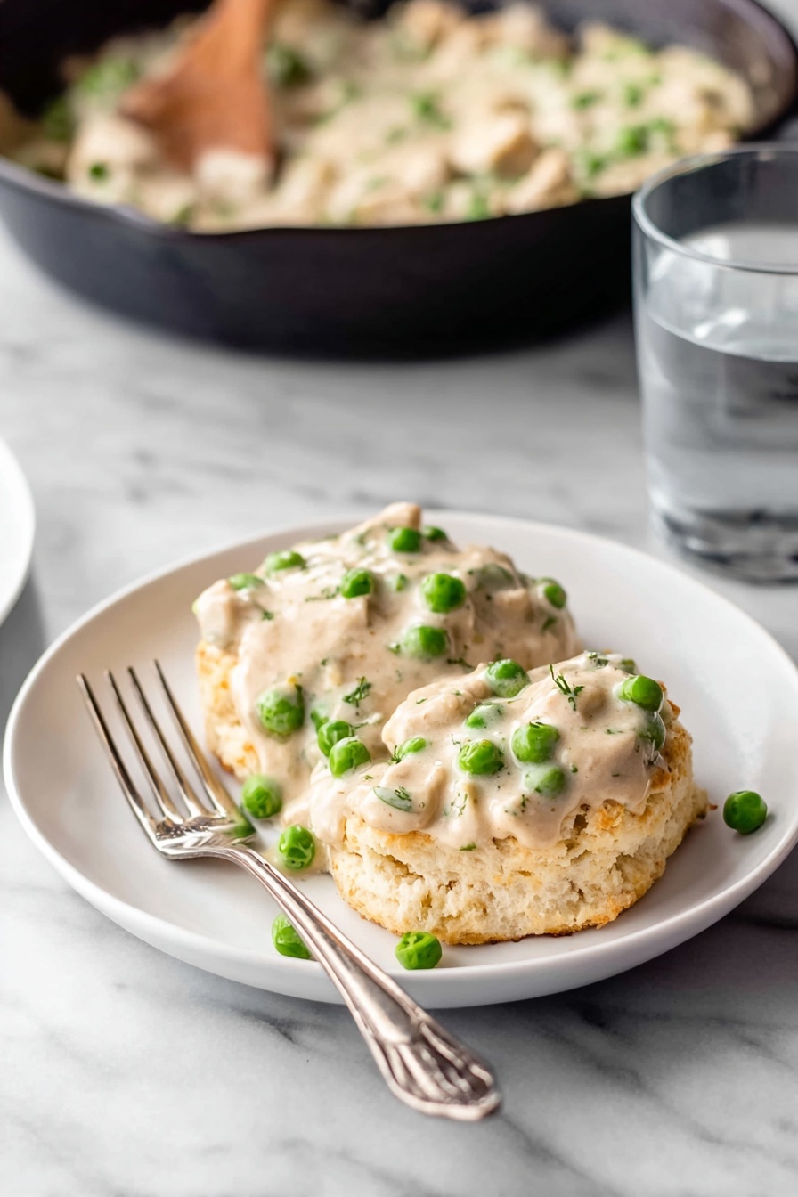 Creamed Chicken Over Biscuits, Creamed Chicken, Chicken and Biscuits, Creamy Chicken Dish, Comfort Food Chicken - A white plate holds a fluffy biscuit broken into two halves, with a creamy sauce covering both pieces. The sauce is thick and beige in color, mixed with bright green peas and small chunks of white meat, spread evenly over the biscuit. To the left side of the plate, there is a silver fork resting with the handle pointing outward. The plate sits on a white marbled surface. In the background, slightly blurred, there is a black skillet with more creamy sauce inside and a wooden spoon resting on it. To the right, a tall clear glass filled with water is visible. photo taken with an iphone --ar 2:3 --v 7