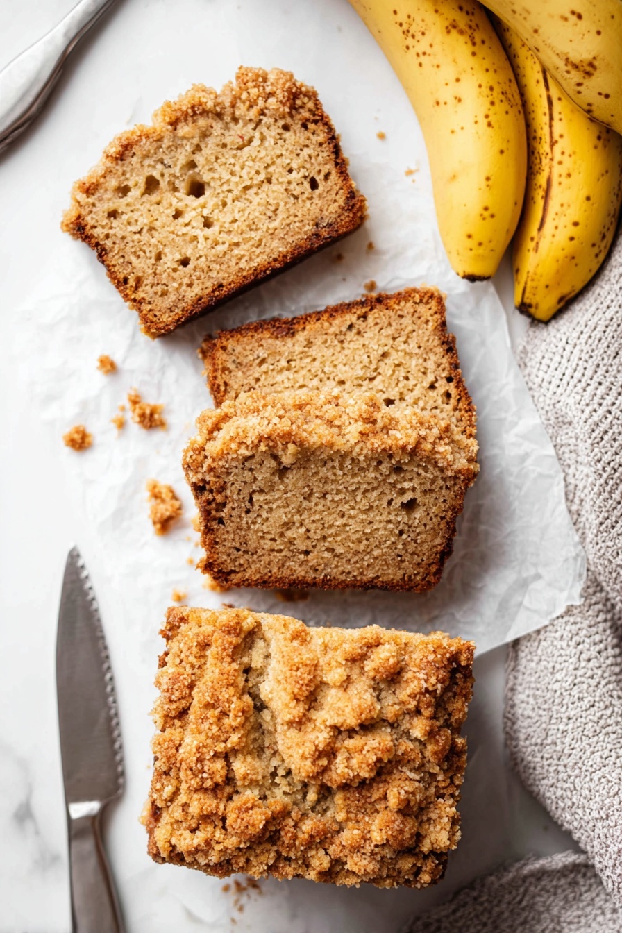 Whole Wheat Banana Bread with Cinnamon Crumble, healthy banana bread, wholesome banana bread recipe, easy banana bread with cinnamon topping, moist banana bread with spice - The image shows slices of a crumbly brown cake with a rough texture. There are at least three slices visible, stacked unevenly on a white marbled surface with some crumbs scattered around. The cake looks dense with a slightly darker crust and a lighter brown inside. The background is softly blurred but shows a hint of yellow, possibly fruit. Photo taken with an iphone --ar 2:3 --v 7