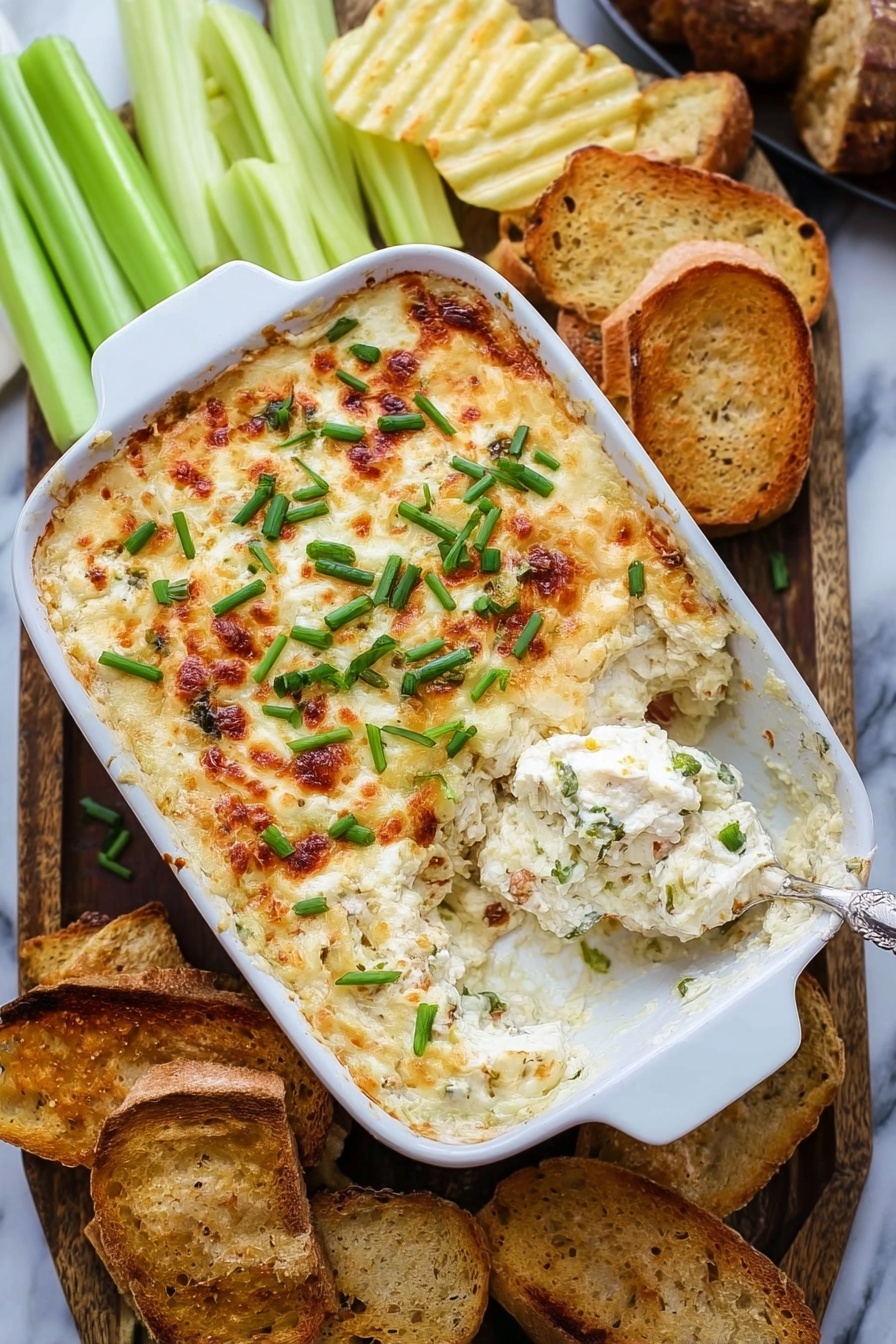 Baked Bacon Blue Cheese Dip, bacon blue cheese dip, blue cheese bacon dip, party dip recipes, creamy blue cheese dip - A white rectangular baking dish filled with a creamy, baked cheese dip that is golden and slightly browned on top, sprinkled with chopped green chives. The dip shows a scoop taken out from the top right corner, revealing a thick, creamy inside with bits of darker ingredients mixed in. The dish is placed on a wooden board surrounded by crisp, golden-brown toasted slices of bread, light green celery sticks, and ridged potato chips that are pale yellow with some darker spots. The background is a white marbled surface. photo taken with an iphone --ar 2:3 --v 7