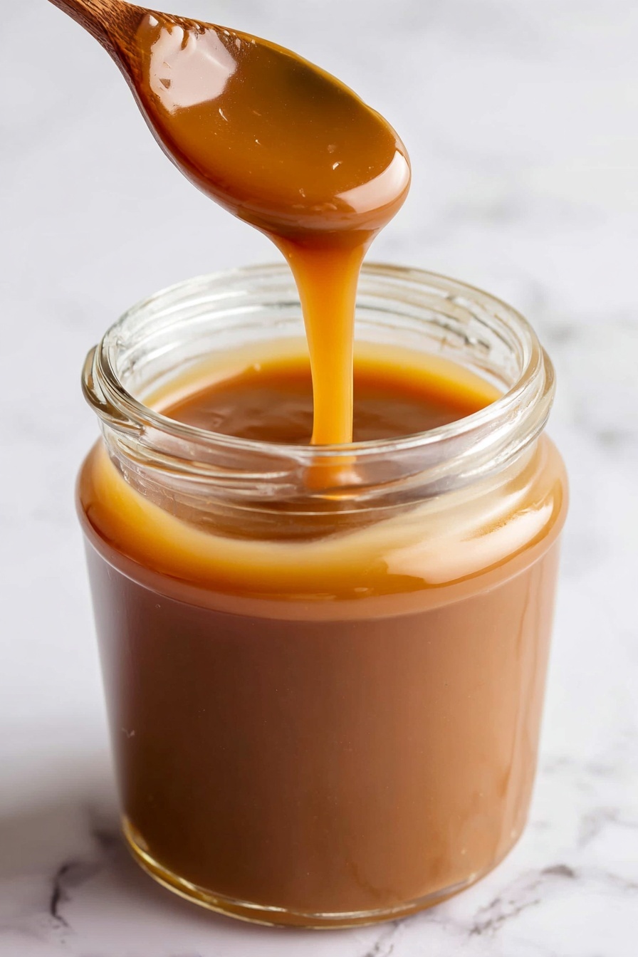 Homemade Caramel Sauce, caramel sauce recipe, easy caramel sauce, how to make caramel, caramel topping - A clear glass jar filled nearly to the top with smooth, shiny caramel sauce that has a rich golden brown color. A wooden spoon is held just above the jar, dripping thick caramel back into the jar, showing the sauce’s thick but flowing texture. The background and surface underneath are white with a subtle marbled look, making the warm caramel color stand out. photo taken with an iphone --ar 2:3 --v 7
