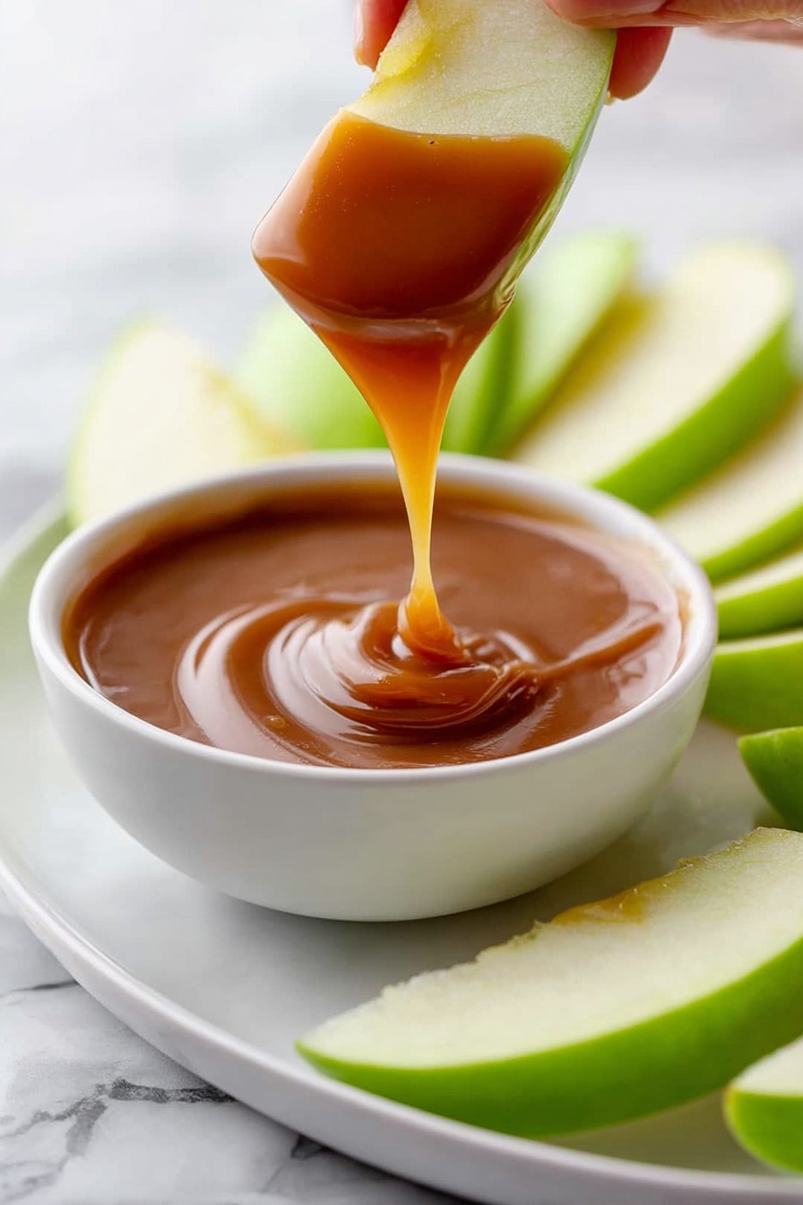 Homemade Caramel Sauce, caramel sauce recipe, easy caramel sauce, how to make caramel, caramel topping - A white bowl filled with shiny caramel sauce is in the center, with caramel dripping off a green apple slice being held by a woman's hand above it. Around the bowl, there are several green apple slices arranged in a fan shape on a white plate. The surface below is a white marbled texture. The caramel sauce looks smooth and thick, and the apple slices are fresh and crisp, showing their juicy inside. photo taken with an iphone --ar 2:3 --v 7