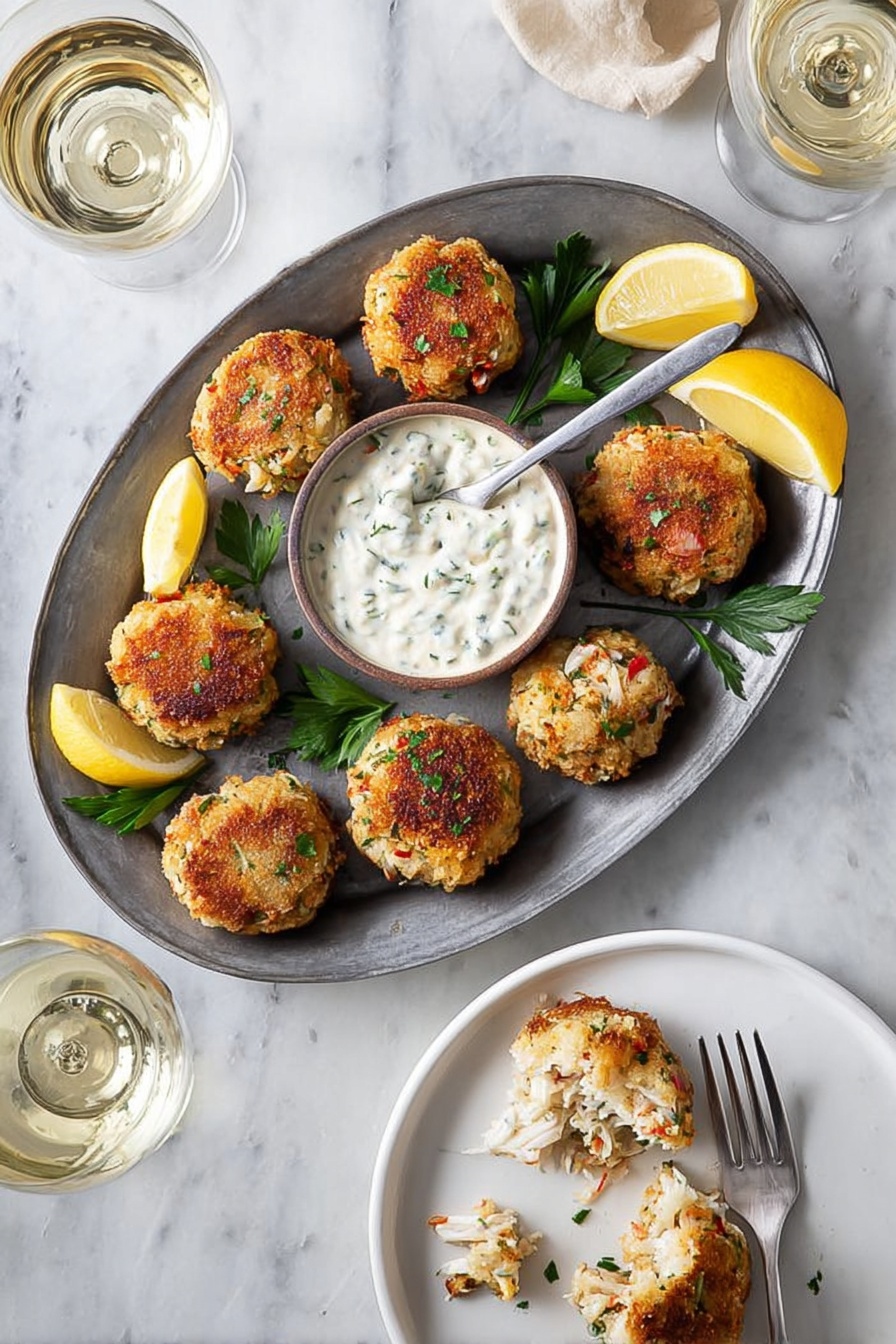 Crispy Crab Cake Poppers with Spicy Aioli, crab cake appetizers, seafood bite-sized snacks, easy crab cake recipe, flavorful crab dish - The image shows a gray metal oval plate on a white marbled surface holding eight golden-brown crab cakes with visible bits of red and green inside. In the center of the plate is a white bowl filled with a creamy white sauce with green herbs mixed in, and a spoon inside it. Lemon wedges and green parsley sprigs are placed around the plate for garnish. Next to this plate, on the bottom right, a white plate holds two crab cakes with some sauce on the side, and a fork cutting into one crab cake showing a light interior filled with crab meat and herbs. Two glasses of white wine are visible at the top left corner. Photo taken with an iphone --ar 2:3 --v 7