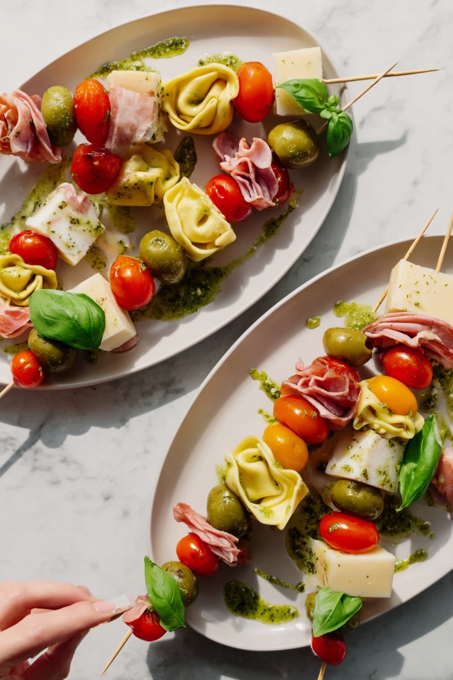Antipasto Skewers with Tortellini and Cheese, appetizer ideas, party snack recipes, easy antipasto skewers, colorful finger foods - The image shows white oval plates on a white marbled surface, each holding colorful food skewers. Each skewer has multiple layers starting with a green olive or cherry tomato followed by folded light pink cold cuts, a folded yellow tortellini pasta, a bright green basil leaf, a block of pale yellow cheese, and more cherry tomatoes. Some green sauce is drizzled on the white plates around the skewers, and a woman's hand is reaching to pick one from the lower plate. The scene is bright and clean with vivid colors on a simple white marble background photo taken with an iphone --ar 2:3 --v 7