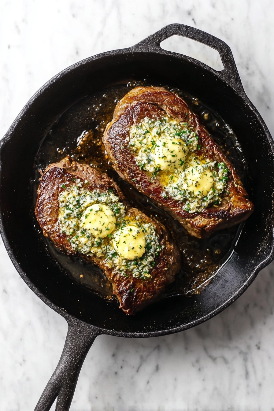Herbed Garlic Butter Beef Tenderloin, beef tenderloin recipe, garlic herb beef roast, elegant beef tenderloin, tenderloin dinner ideas - Two cooked steaks rest inside a black cast iron pan placed on a white marbled surface. Each steak has a seared brown exterior with a slightly crisp texture on top. Generous dollops of melted herb butter, yellow with bits of green herbs, sit on each steak, spreading slightly and adding a creamy contrast to the rich meat. The pan has a handle to the right and shows some cooking marks and oils around the steaks. Photo taken with an iphone --ar 2:3 --v 7