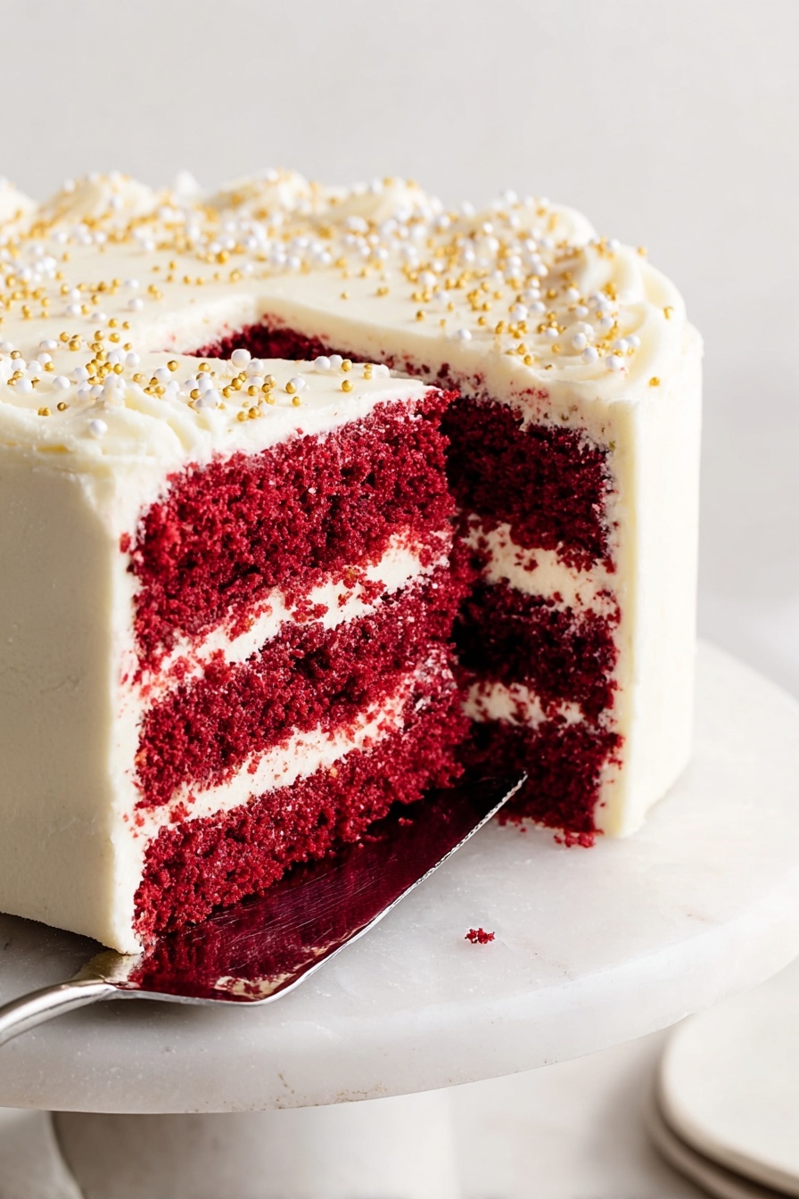 Red Velvet Cake with Cream Cheese Frosting, moist red velvet cake, homemade red velvet cake, best red velvet cake recipe, classic red velvet cake - The image shows a three-layer red velvet cake with rich red layers separated by white creamy frosting. The outside of the cake is covered in smooth white frosting, decorated with small white and gold round sprinkles on top. The cake slice is lifted slightly with a silver cake server on a white marbled cake stand, against a plain light-colored background. Photo taken with an iphone --ar 2:3 --v 7