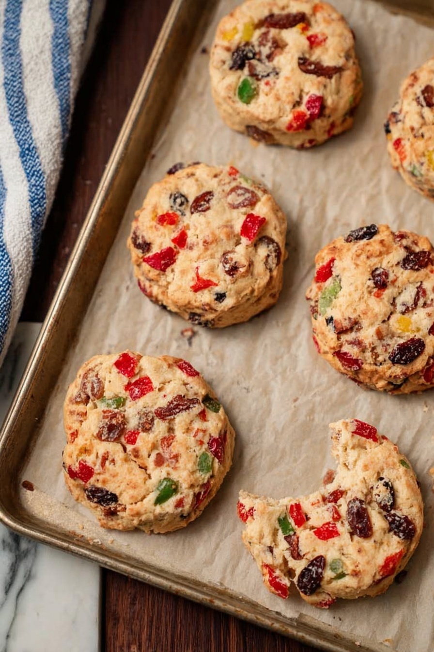 Fruitcake Cookies, festive fruitcake cookies, holiday cookies with dried fruit, chewy fruitcake bites, easy fruitcake cookie recipe - The image shows six round cookies on a baking tray lined with parchment paper. Each cookie has a rough texture and a creamy light brown base with visible mix-ins, including chunks of red candied fruit, dark raisins, and small green bits scattered throughout. The cookies have a slightly crisp and uneven surface with some browning on the edges. One cookie in the foreground has a bite taken out of it. The tray sits on a dark wooden surface with a white marble texture and a blue and white striped cloth partially visible in the upper left corner. photo taken with an iphone --ar 2:3 --v 7