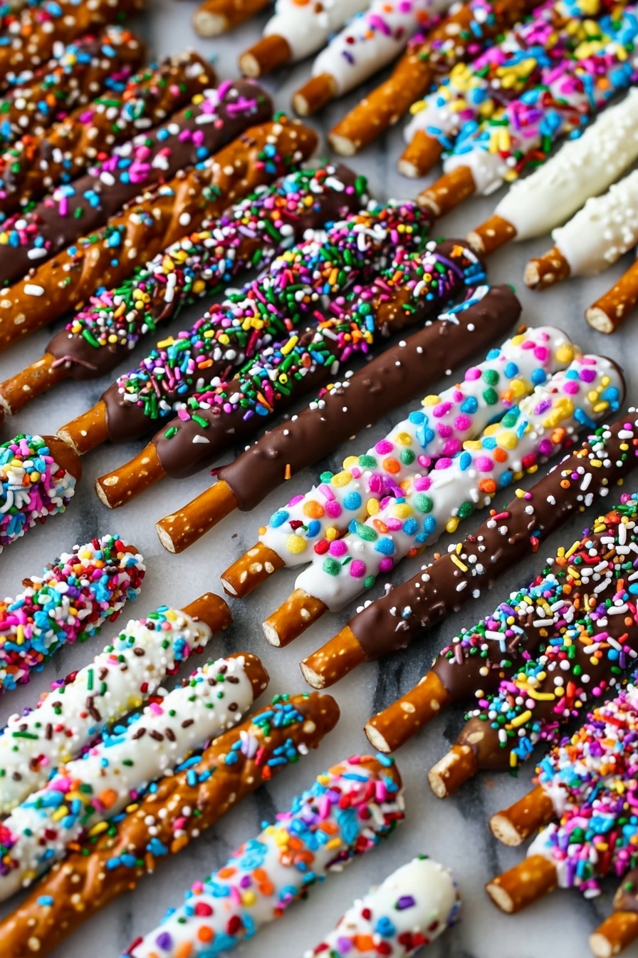 Chocolate Covered Pretzels, Easy Pretzel Snacks, Sweet and Salty Treats, Homemade Chocolate Pretzels, Party Snack Ideas - The image shows a collection of pretzel sticks and pretzel twists on a white marbled surface. The pretzel sticks are arranged in a neat row, each covered halfway with either white or dark chocolate, topped with a thick layer of multicolored sprinkles in various shapes and sizes=