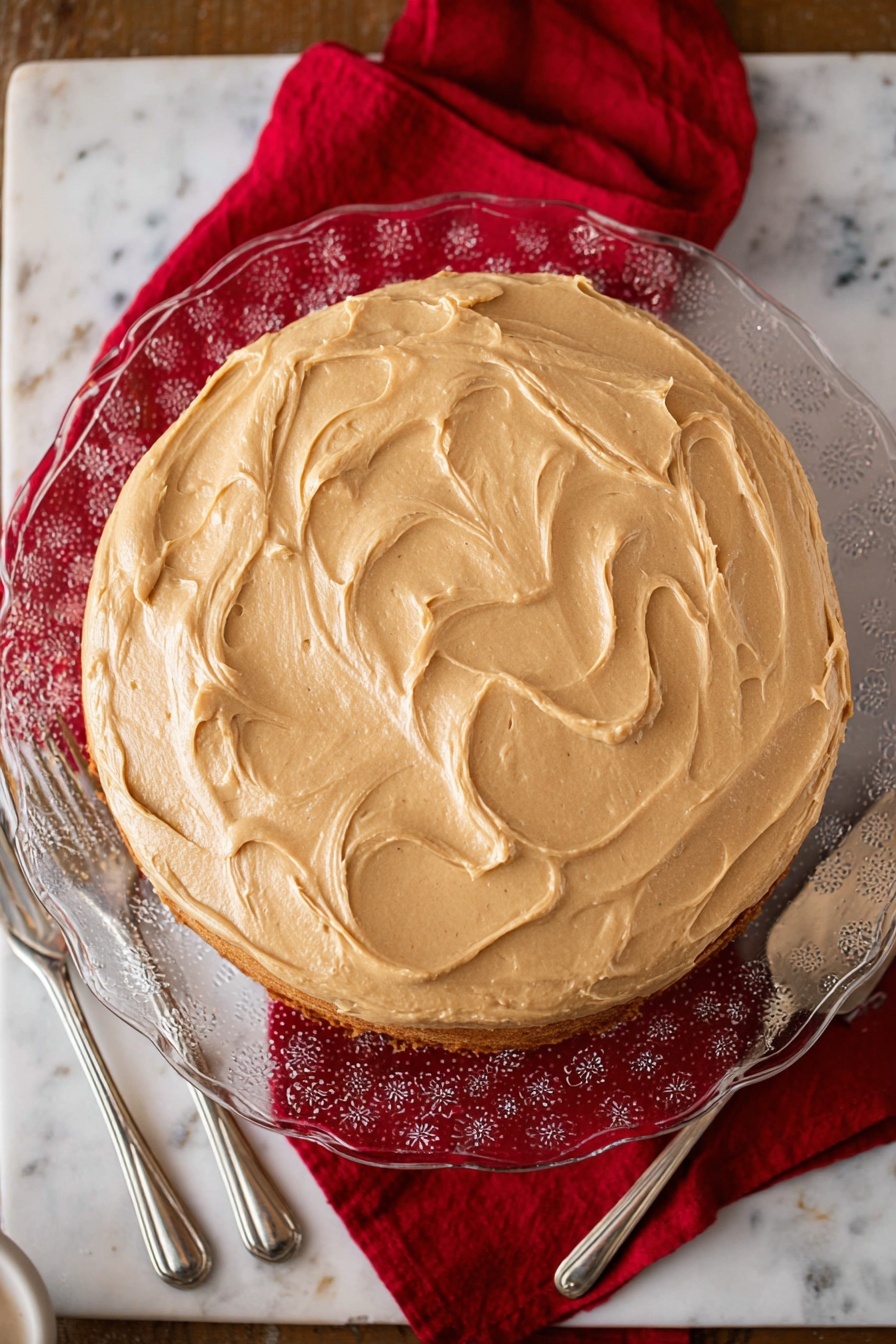 Apple Spice Cake with Caramel Icing, fall apple cake, cinnamon apple cake, moist apple spice cake, caramel frosting cake - A round cake with one visible layer is covered evenly with smooth light brown frosting that has soft swirls on top. The cake sits on a clear glass plate with a floral pattern, placed on a white marbled surface with a red cloth underneath the plate. Two silver forks are on the left side of the plate, and a silver cake server is on the right side. The scene is well-lit, showing the texture of the frosting clearly photo taken with an iphone --ar 2:3 --v 7