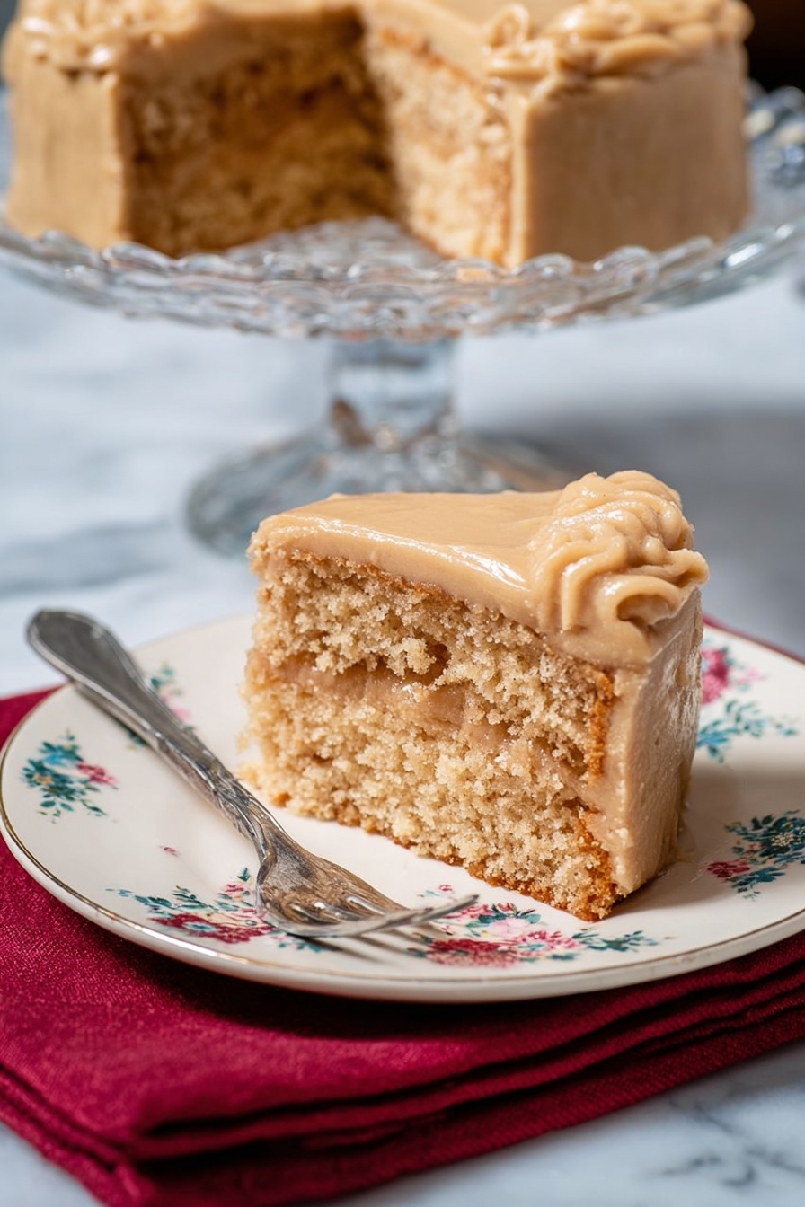 Apple Spice Cake with Caramel Icing, fall apple cake, cinnamon apple cake, moist apple spice cake, caramel frosting cake - A thick square piece of cake with two layers is on a white plate. The bottom layer is light brown and crumbly with bits of soft, paler chunks inside. The top layer is smooth and evenly spread, a darker tan color that looks creamy. A silver fork rests at the edge of the plate next to the cake. The white plate sits against a soft blue cloth, with a white marbled surface barely visible around the edges. Photo taken with an iphone --ar 2:3 --v 7
