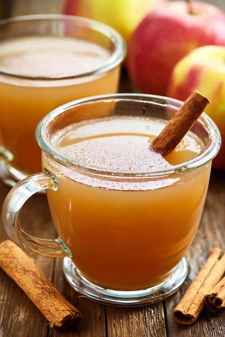 Homemade Apple Cider, apple cider recipe, warm apple cider, cozy fall drinks, how to make apple cider at home - A clear glass cup filled with light brown warm apple cider sits on a wooden surface. The cider has a smooth, slightly cloudy texture and a cinnamon stick stands upright in the middle of the cup. In the background, blurred to the right side, are two whole apples with red and yellow skin. Another glass cup filled with cider is behind the first cup, partly visible. Two cinnamon sticks lay flat on the left side of the wooden surface. The scene is bright and cozy, with a focus on the warm drink and its simple autumn ingredients. Photo taken with an iphone --ar 2:3 --v 7