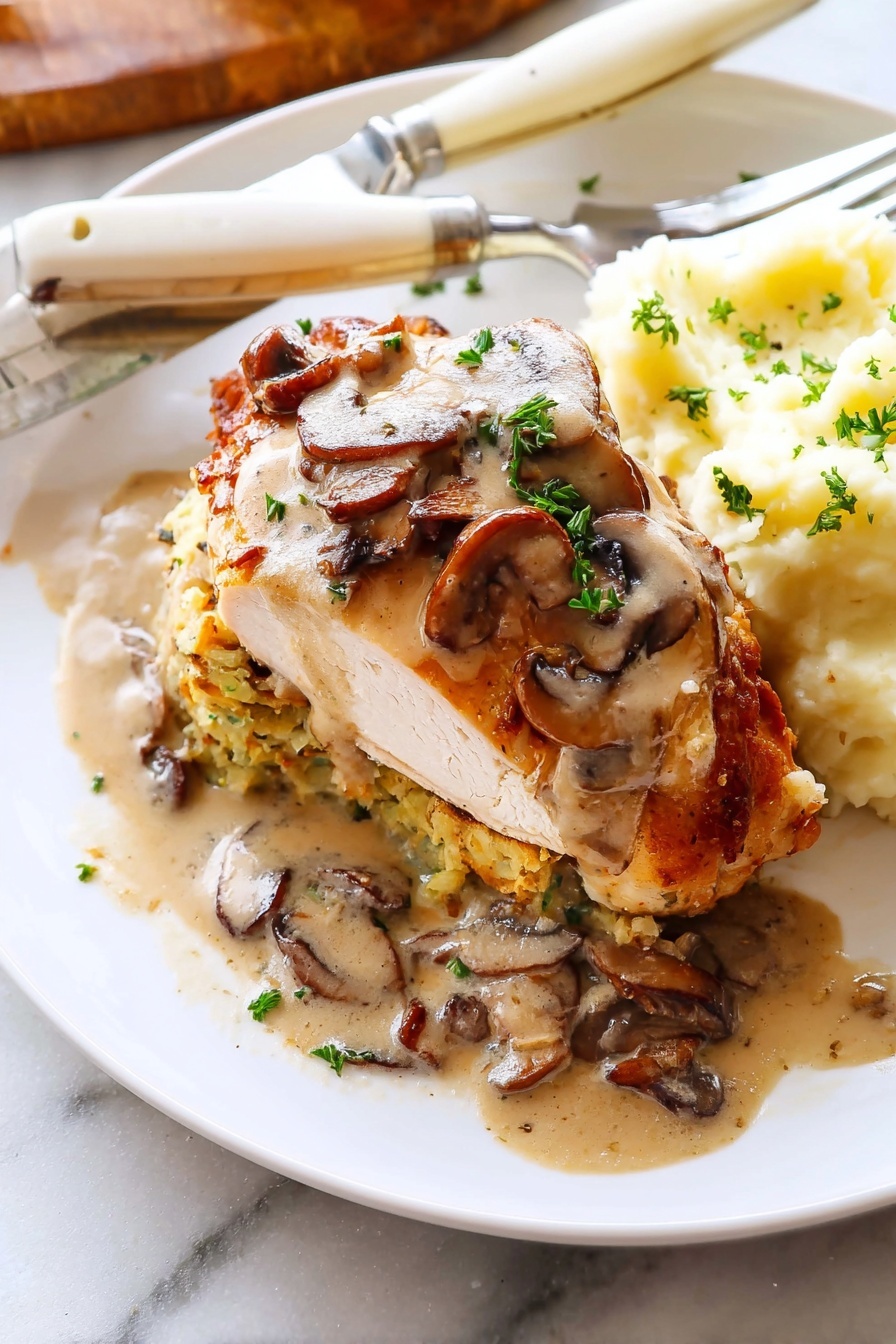 Stuffed Chicken Marsala with Mushrooms, Chicken Marsala stuffing, Italian stuffed chicken recipe, cheesy chicken Marsala, mushroom stuffed chicken - The image shows a dish with three main layers stacked on a white plate sitting on a white marbled surface. The bottom layer is a light golden-brown crispy base with visible green and orange bits inside, hinting at vegetables or herbs mixed in. The middle layer is thick and creamy in an orange-beige color, partially oozing onto the plate. The top layer is a smooth, light beige piece covered with a rich brown mushroom sauce dotted with small mushroom slices and green parsley leaves. Mushroom sauce also spreads around the base on the plate. There is a blurred white knife and silver fork in the background. photo taken with an iphone --ar 2:3 --v 7